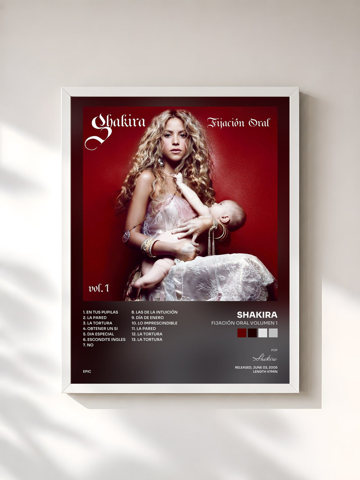 #blanc Tableau de l'album Fijación Oral Volumen 1 de Shakira, cadre blanc, imprimé et encadré en France