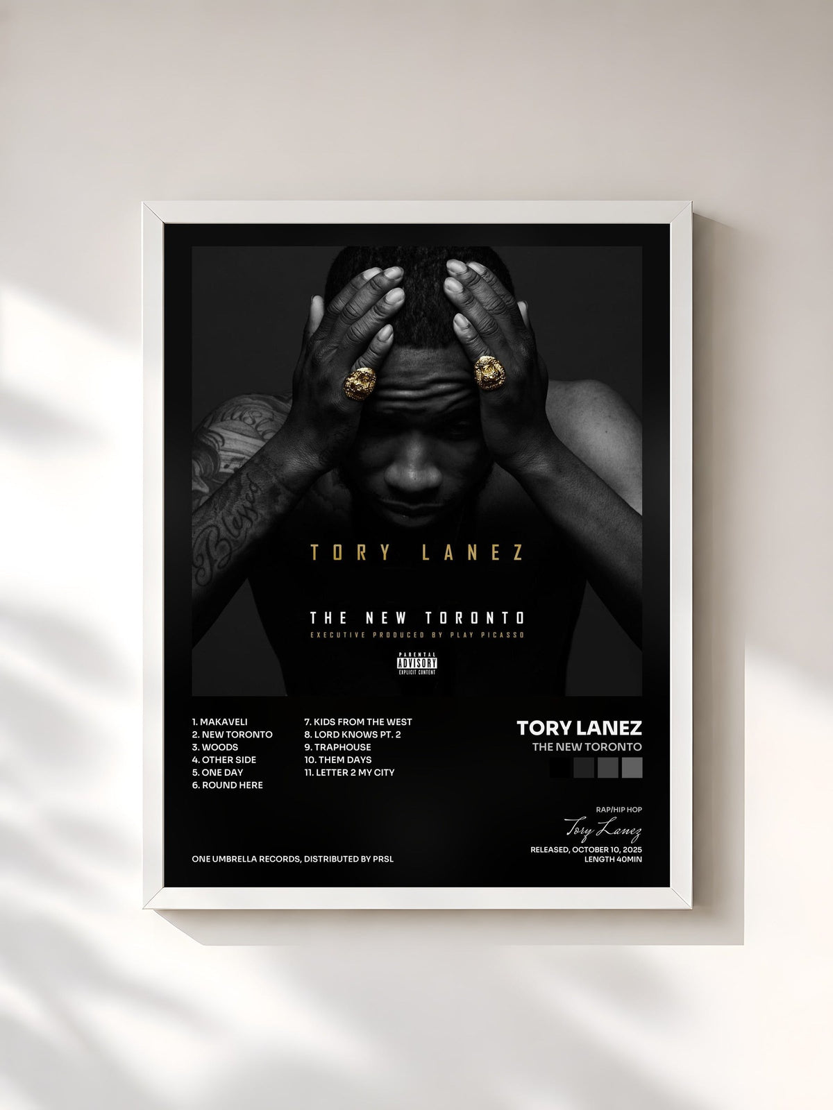 #blanc The New Toronto by Tory Lanez as a framed art print, white frame, printed and framed in France