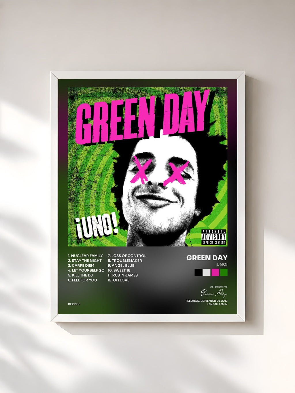 #blanc Tableau de l'album ¡UNO! de Green Day, cadre blanc, imprimé et encadré en France