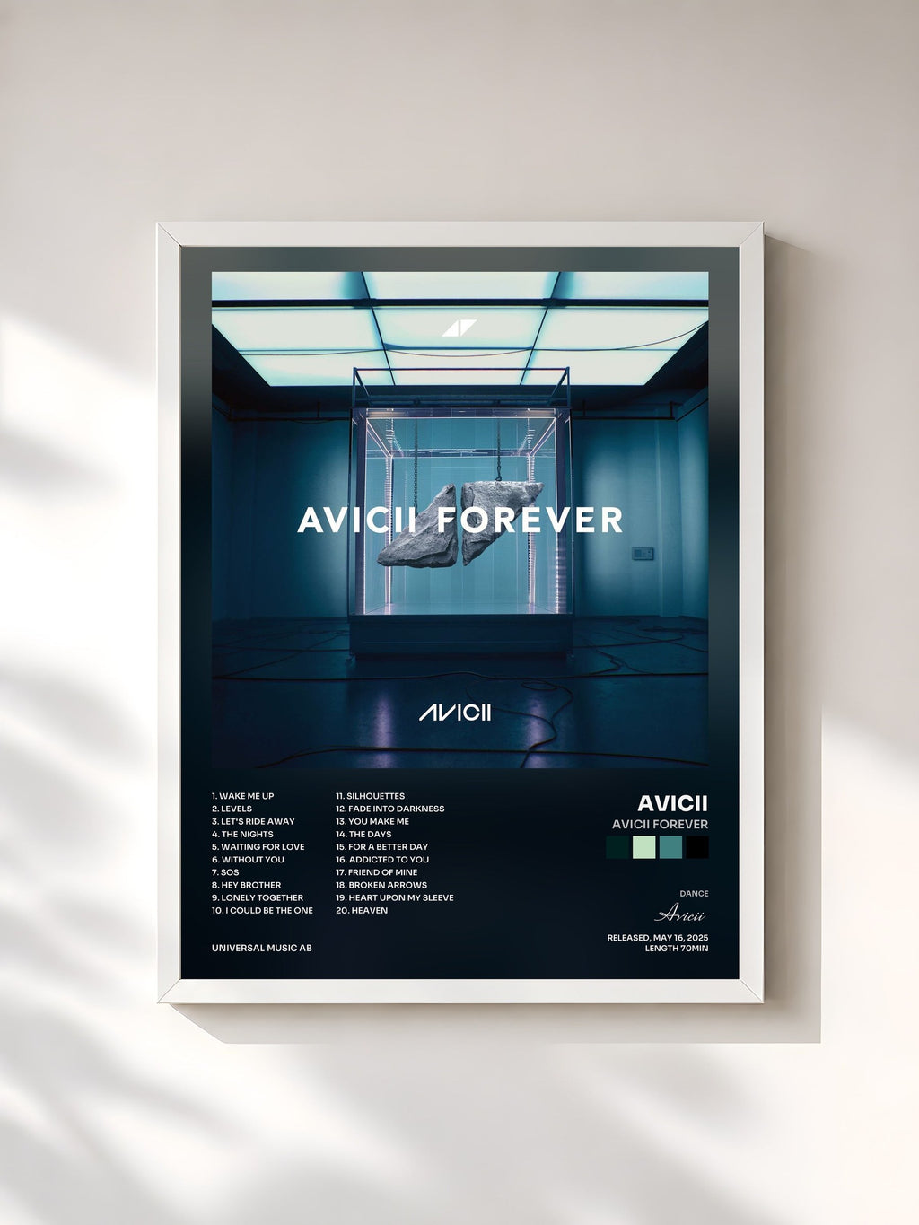 #blanc Tableau de l'album Avicii Forever de Avicii, cadre blanc, imprimé et encadré en France