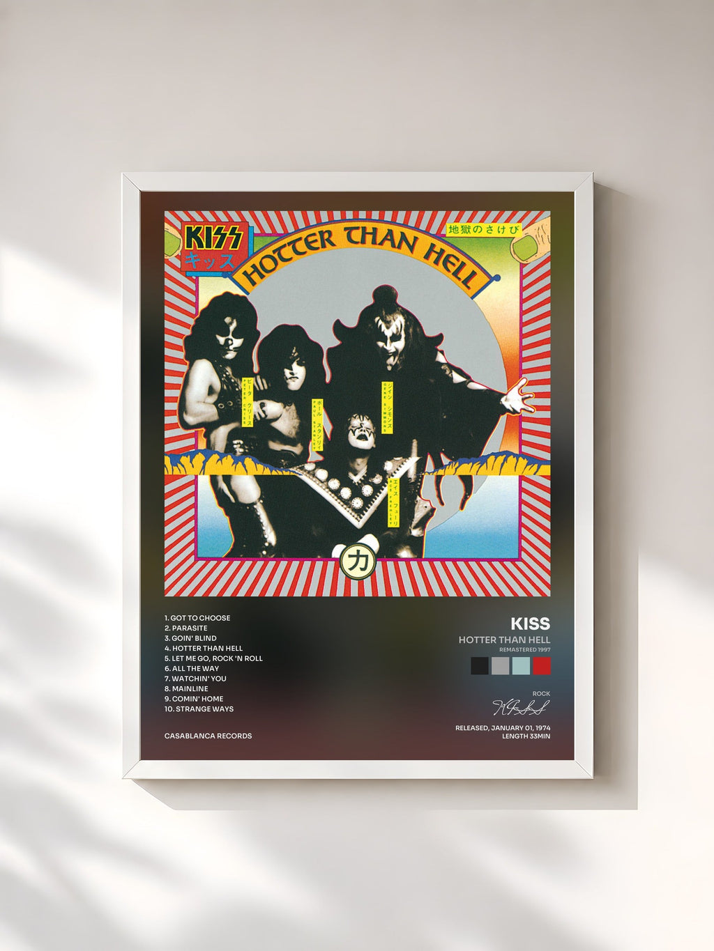 #blanc Tableau de l'album Hotter Than Hell (Remastered 1997) de KISS, cadre blanc, imprimé et encadré en France