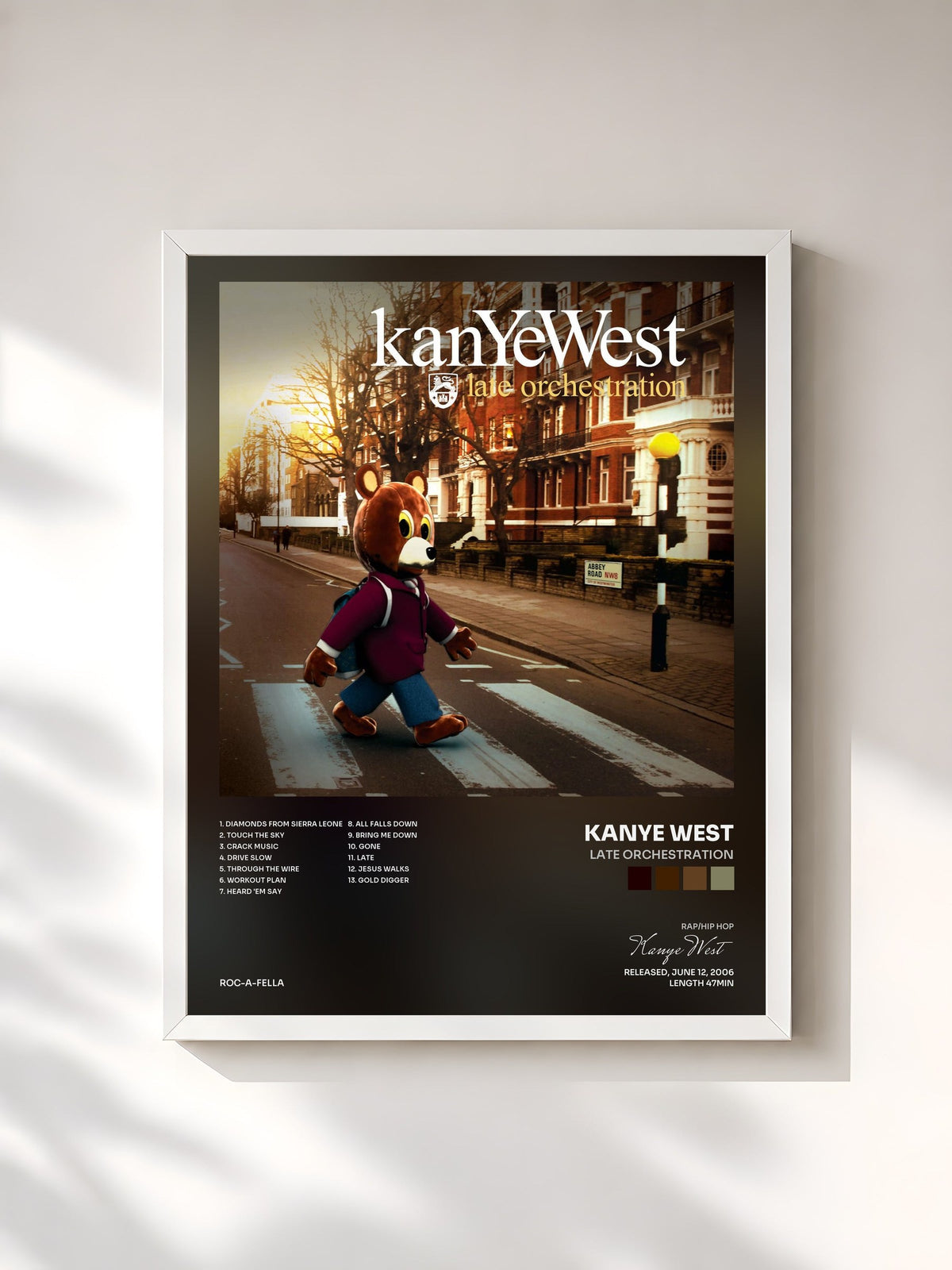 #blanc Tableau de l'album Late Orchestration de Kanye West, cadre blanc, imprimé et encadré en France