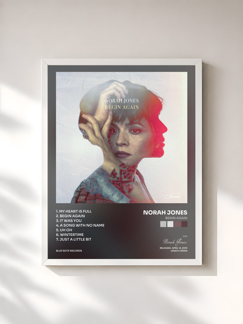 #blanc Tableau de l'album Begin Again de Norah Jones, cadre blanc, imprimé et encadré en France