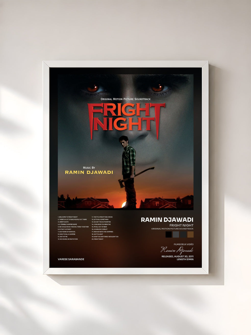 #blanc Tableau de l'album Fright Night (Original Motion Picture Soundtrack) de Ramin Djawadi, cadre blanc, imprimé et encadré en France