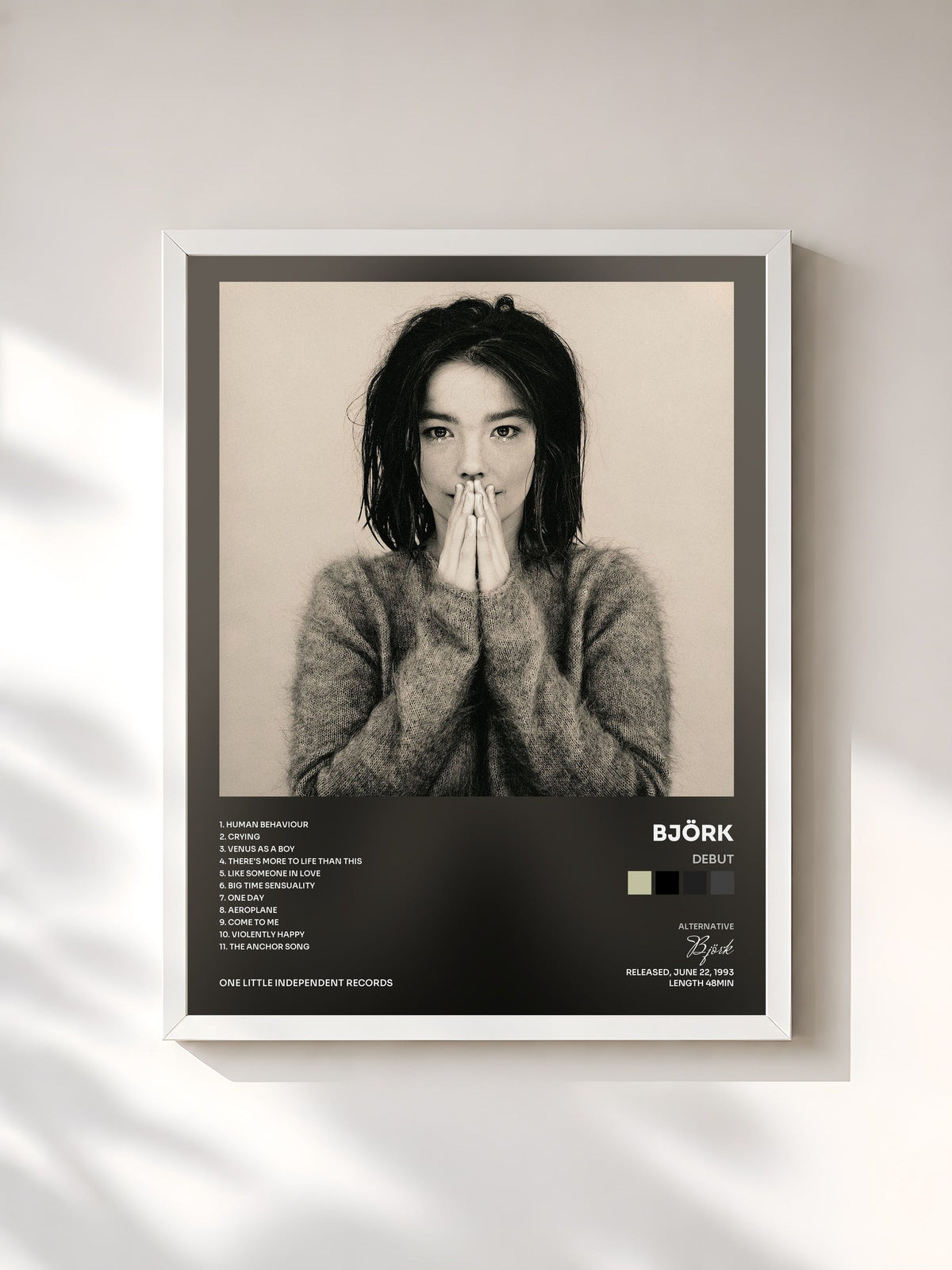 #blanc Tableau de l'album Debut de Björk, cadre blanc, imprimé et encadré en France