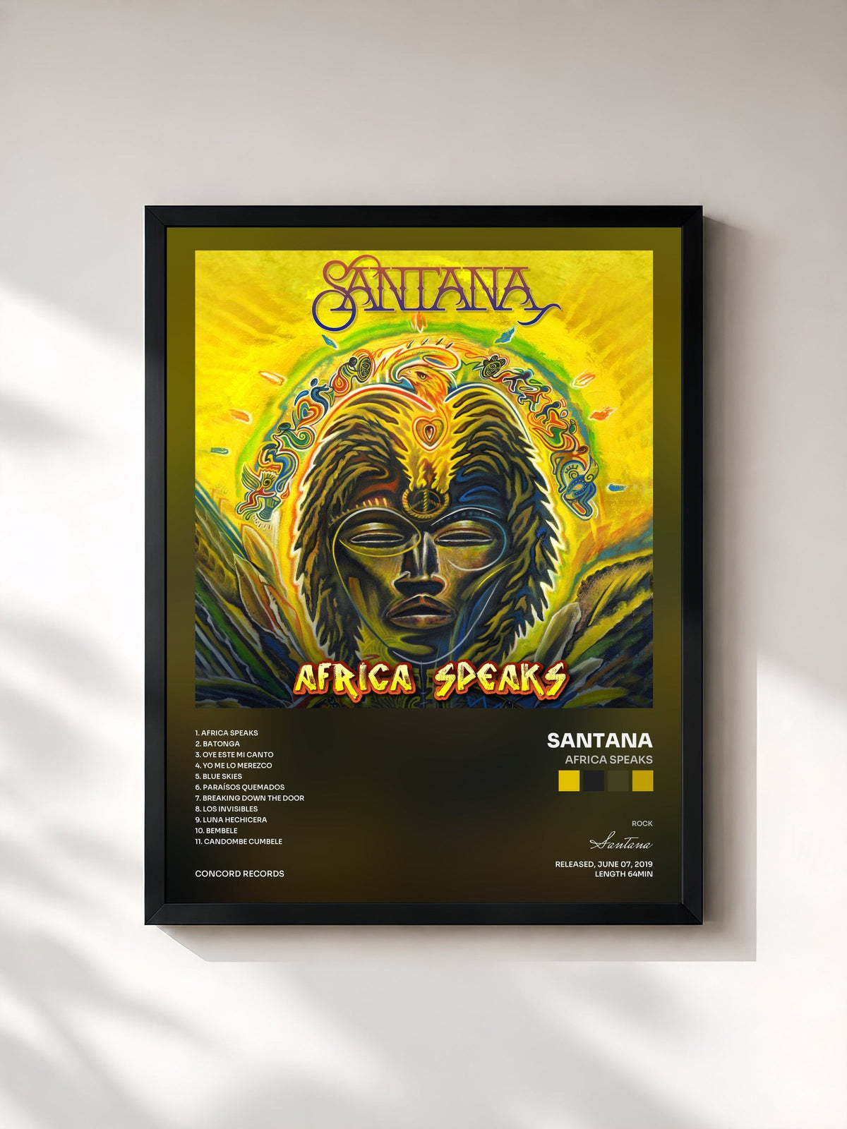 #noir Tableau de l'album Africa Speaks de Santana, cadre noir, imprimé et encadré en France