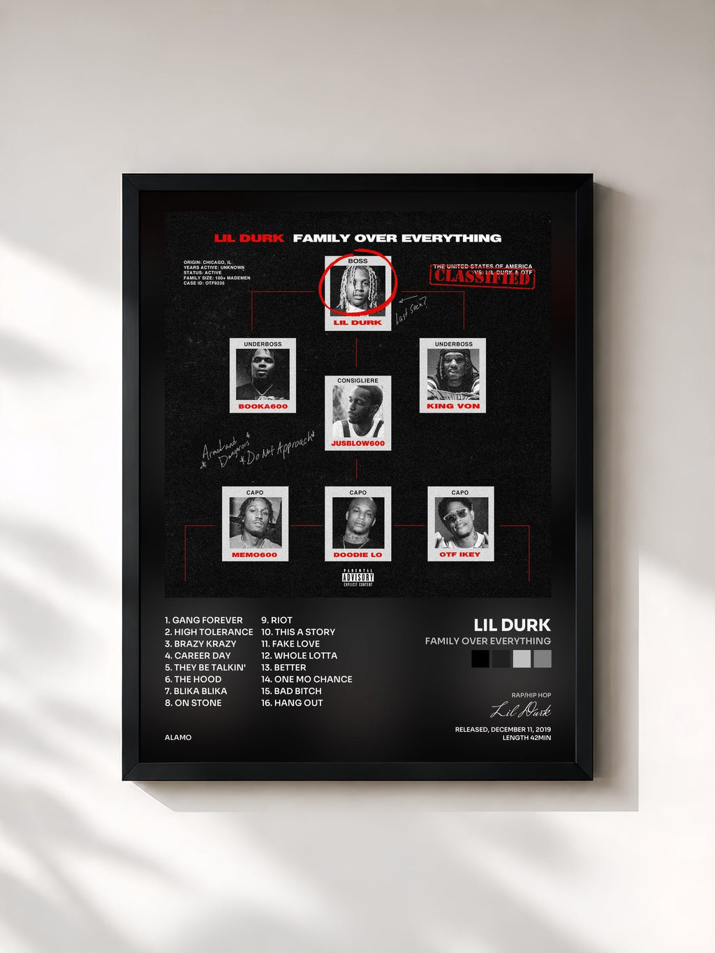 #noir Family Over Everything de Lil Durk en lámina enmarcada, marco negro, impresa y enmarcada en Francia