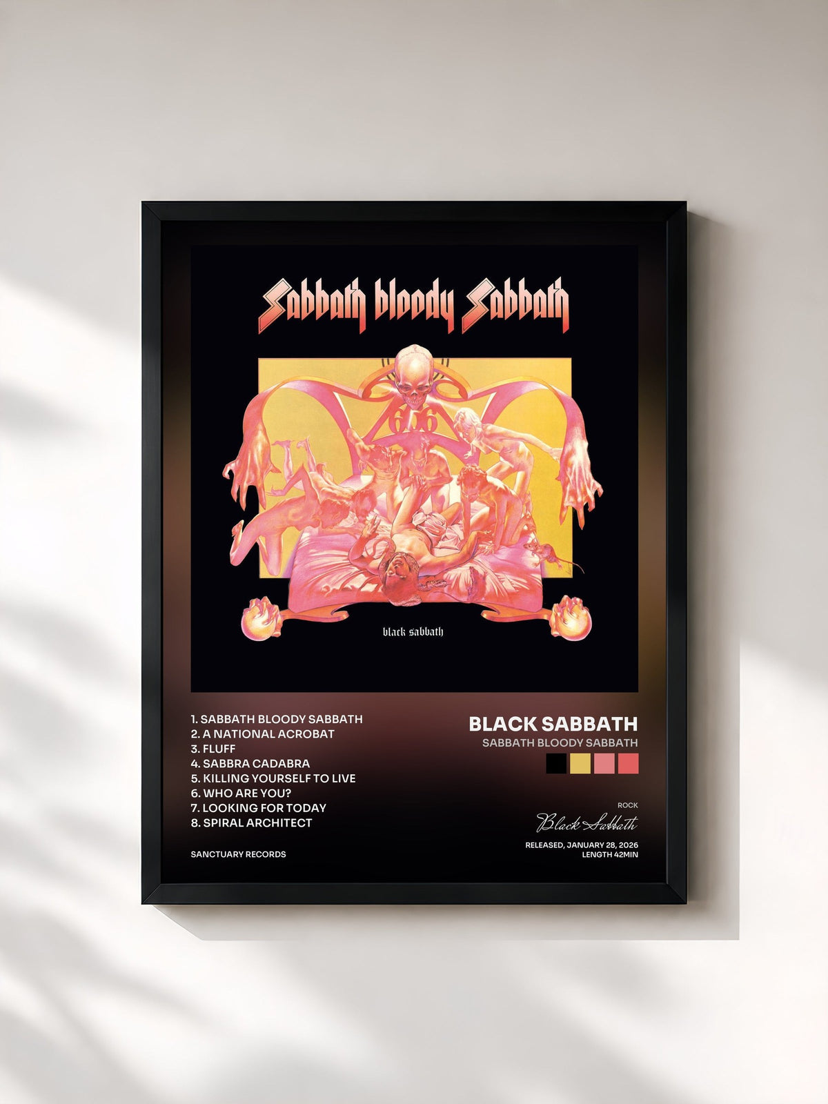 #noir Tableau de l'album Sabbath Bloody Sabbath de Black Sabbath, cadre noir, imprimé et encadré en France