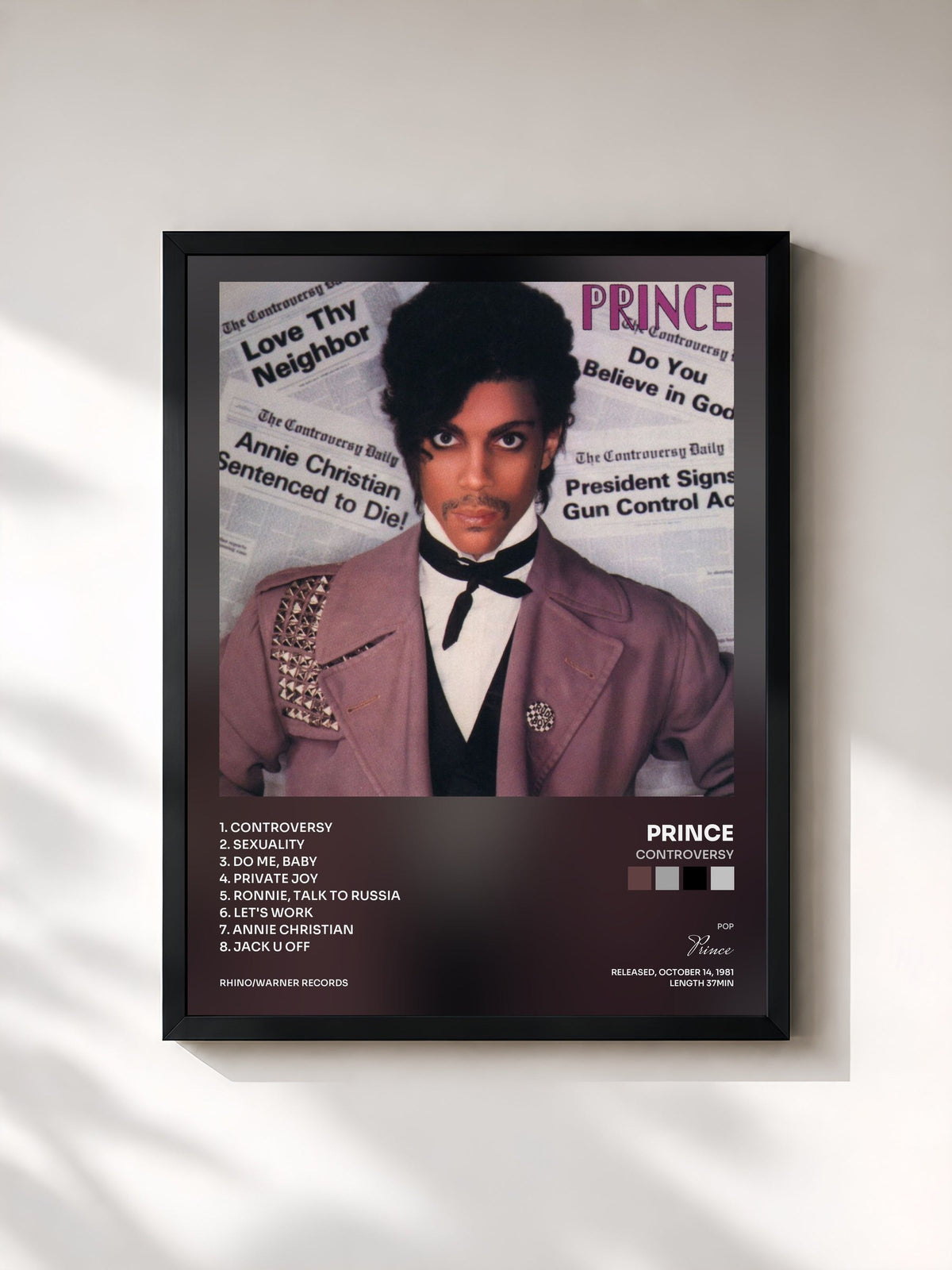 #noir Tableau de l'album Controversy de Prince, cadre noir, imprimé et encadré en France