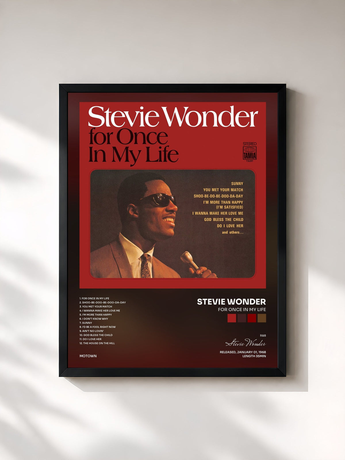 #noir Tableau de l'album For Once In My Life de Stevie Wonder, cadre noir, imprimé et encadré en France