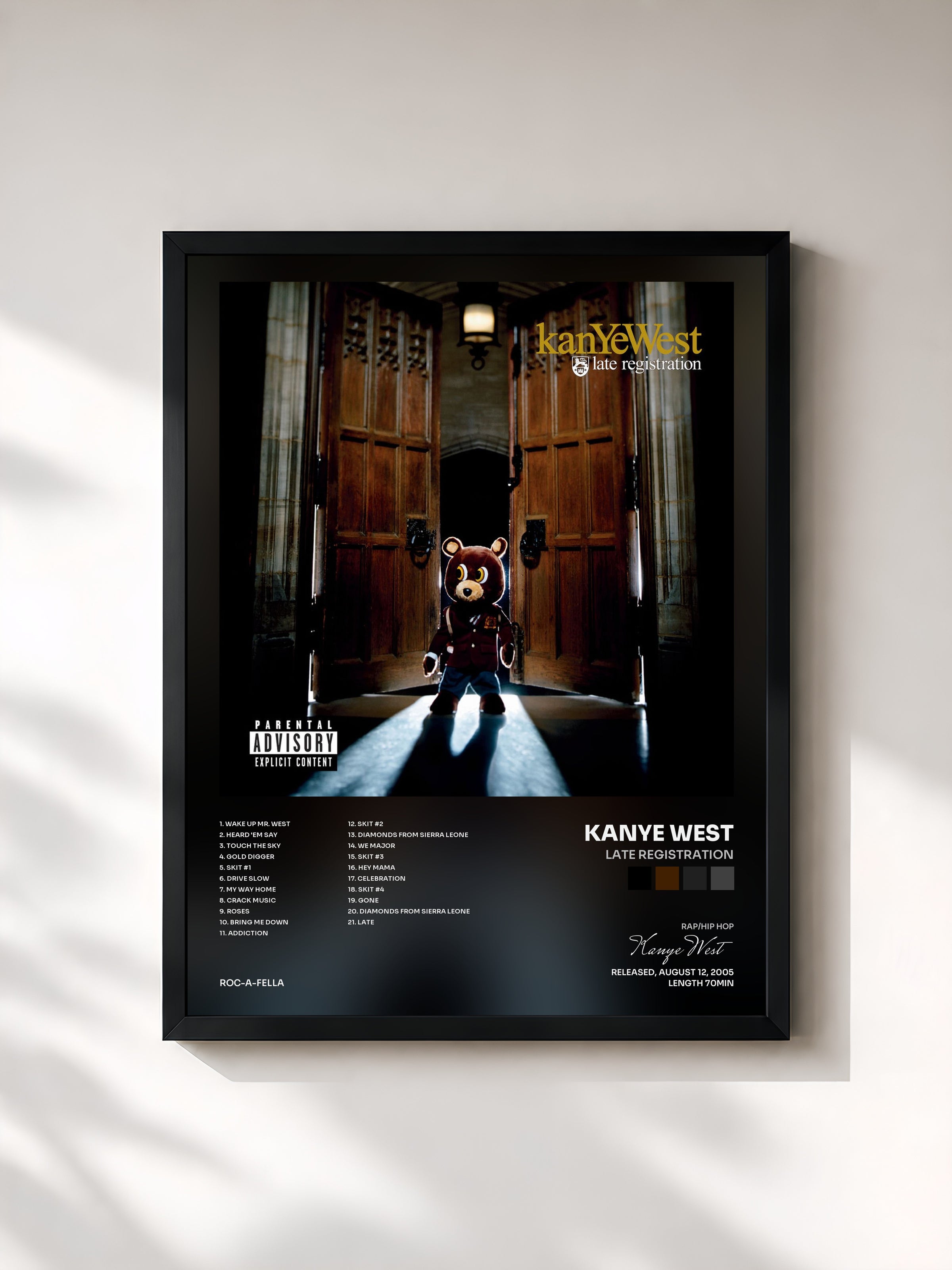 #noir Tableau de l'album Late Registration de Kanye West, cadre noir, imprimé et encadré en France
