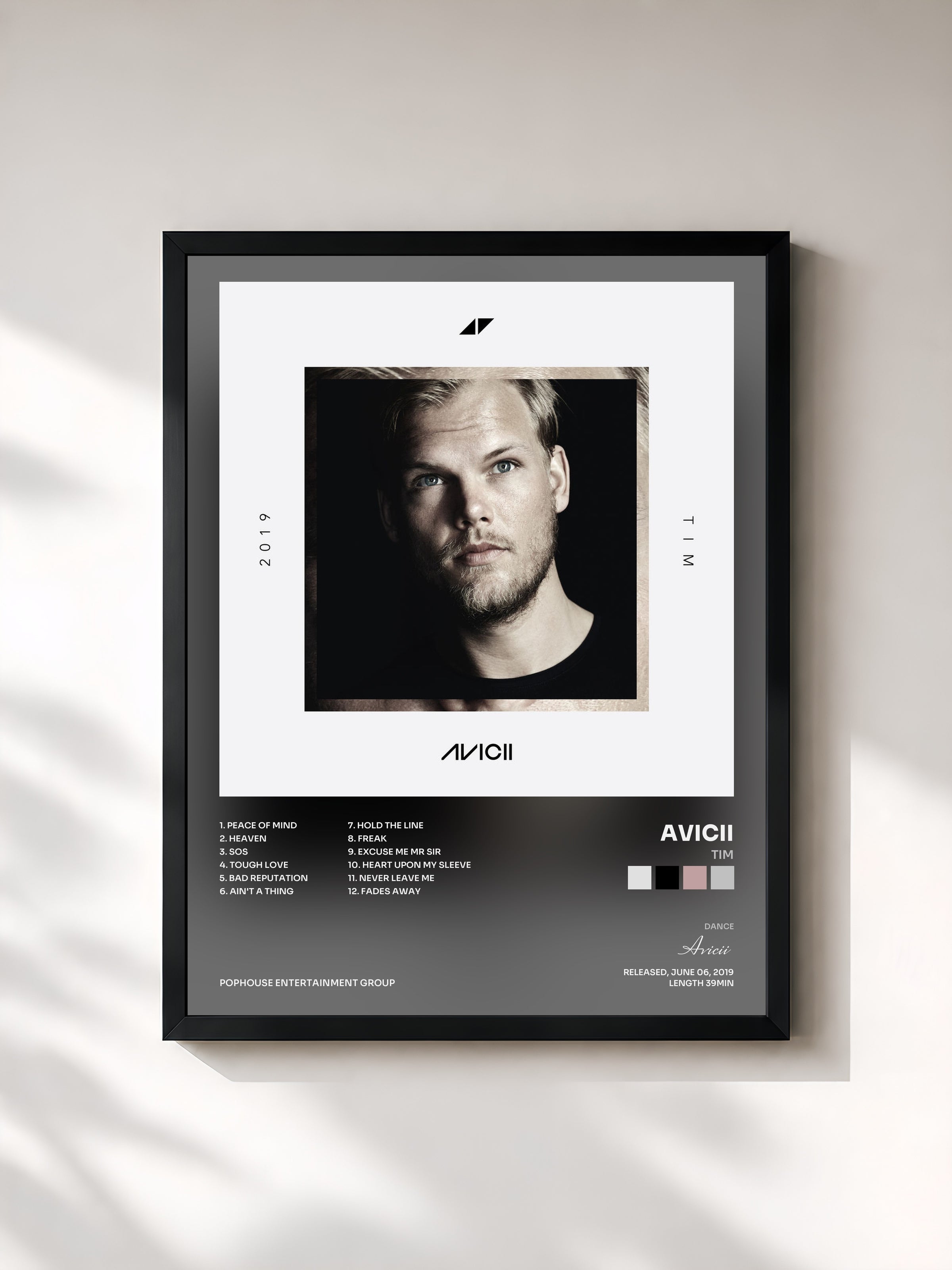 #noir TIM by Avicii as a framed art print, black frame, printed and framed in France