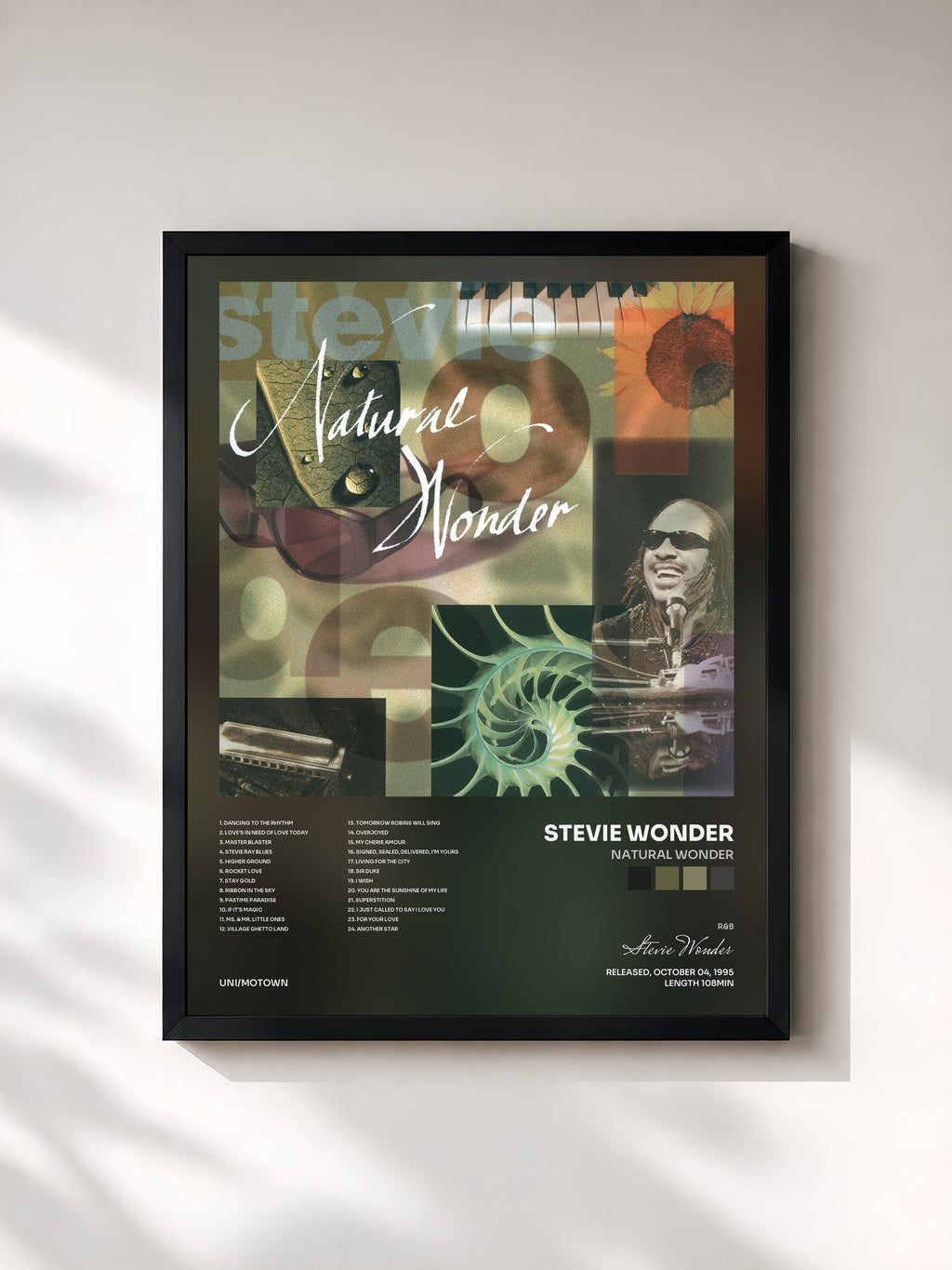 #noir Tableau de l'album Natural Wonder de Stevie Wonder, cadre noir, imprimé et encadré en France