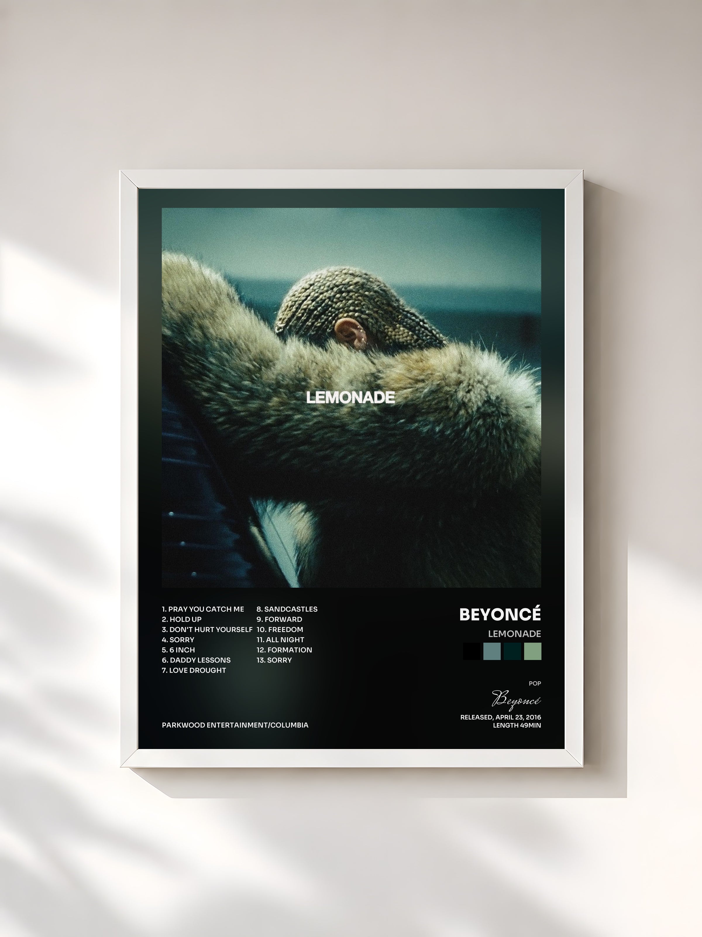 #blanc Lemonade by Beyoncé as a framed art print, white frame, printed and framed in France