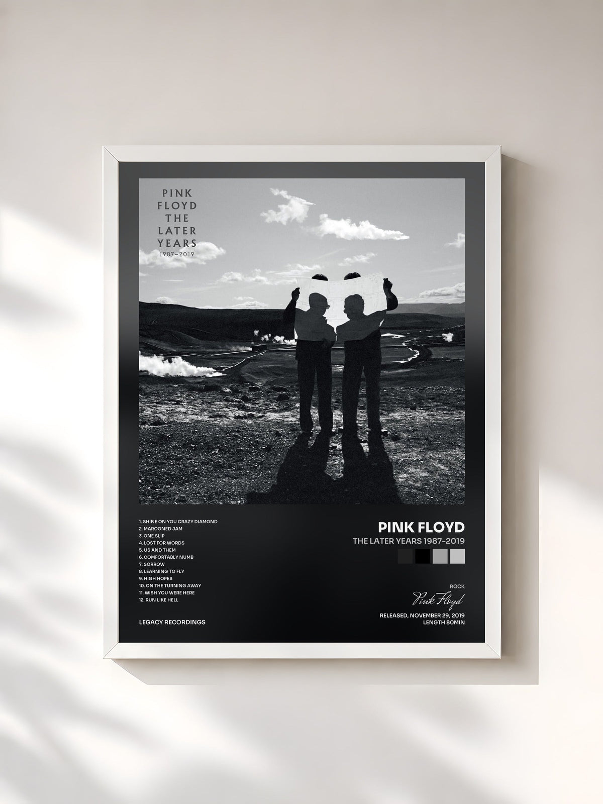 #blanc Tableau de l'album The Later Years 1987-2019 de Pink Floyd, cadre blanc, imprimé et encadré en France