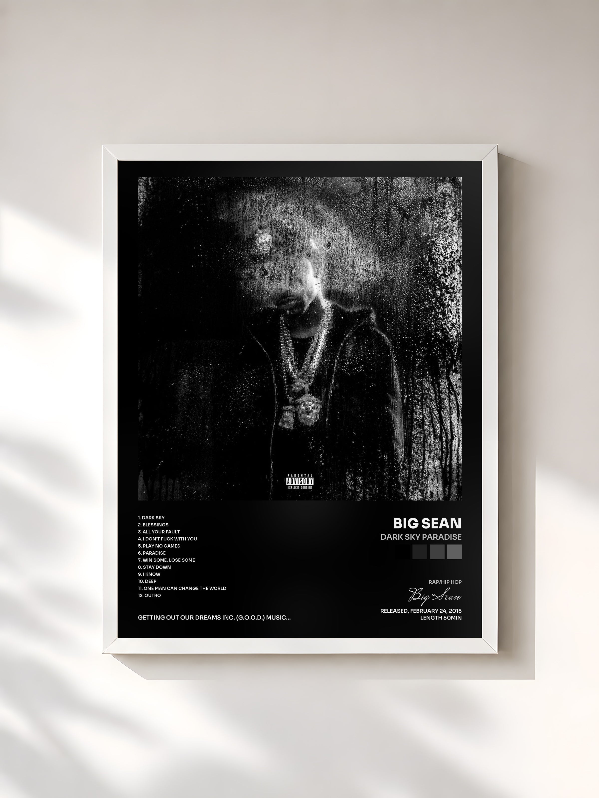 #blanc Dark Sky Paradise by Big Sean as a framed art print, white frame, printed and framed in France