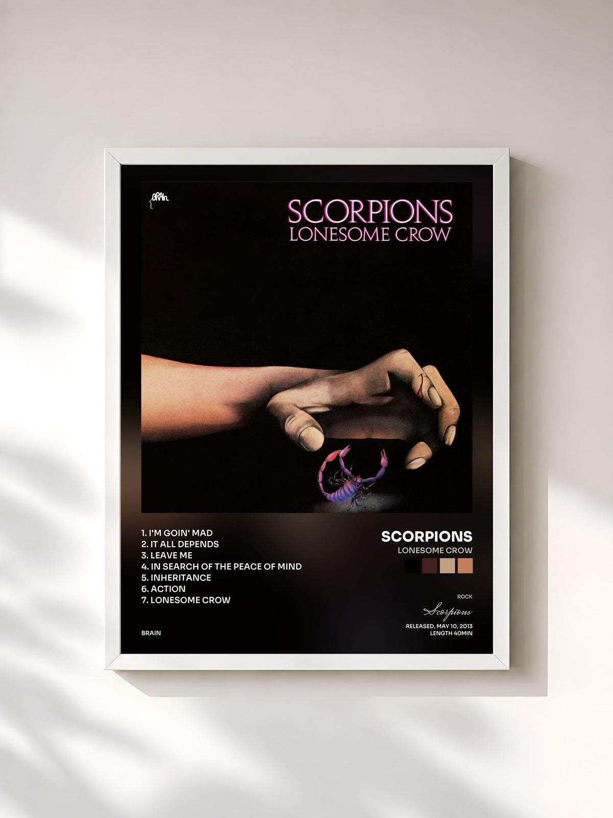 #blanc Tableau de l'album Lonesome Crow de Scorpions, cadre blanc, imprimé et encadré en France