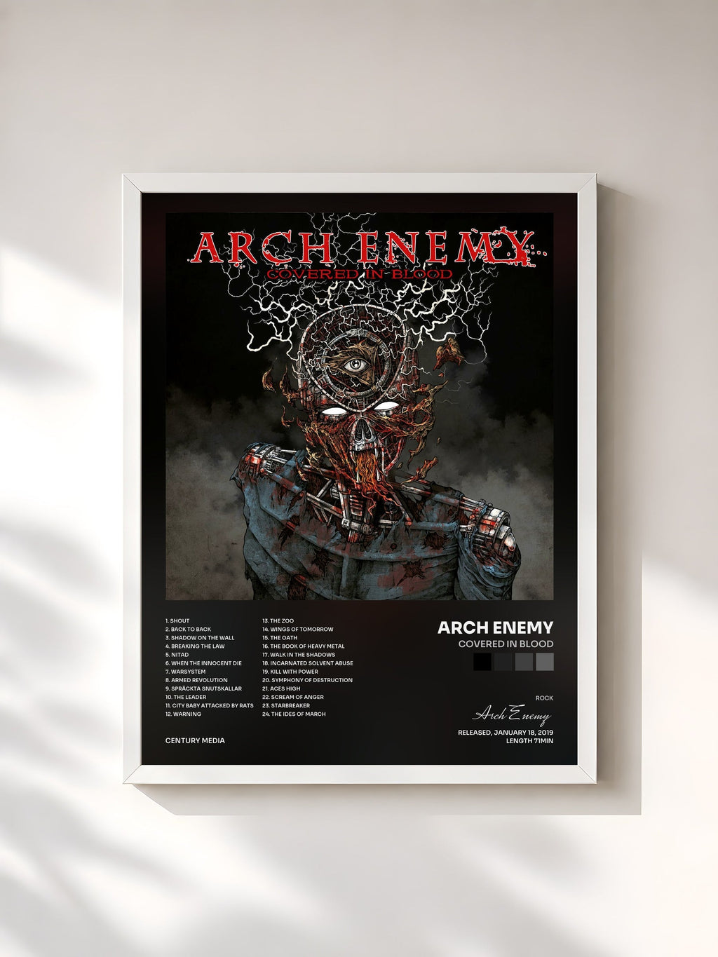 #blanc Covered In Blood by Arch Enemy as a framed art print, white frame, printed and framed in France