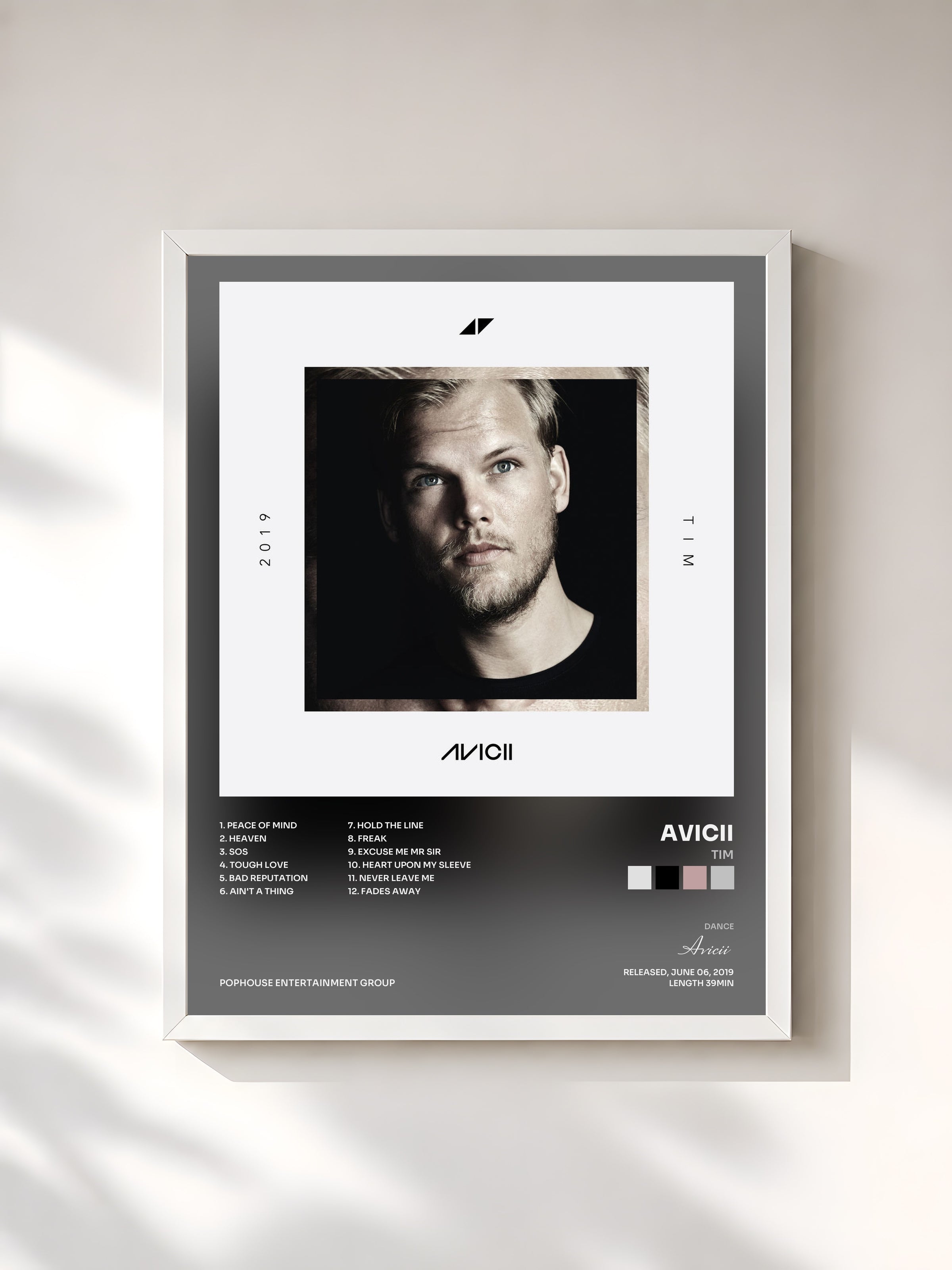 #blanc TIM by Avicii as a framed art print, white frame, printed and framed in France