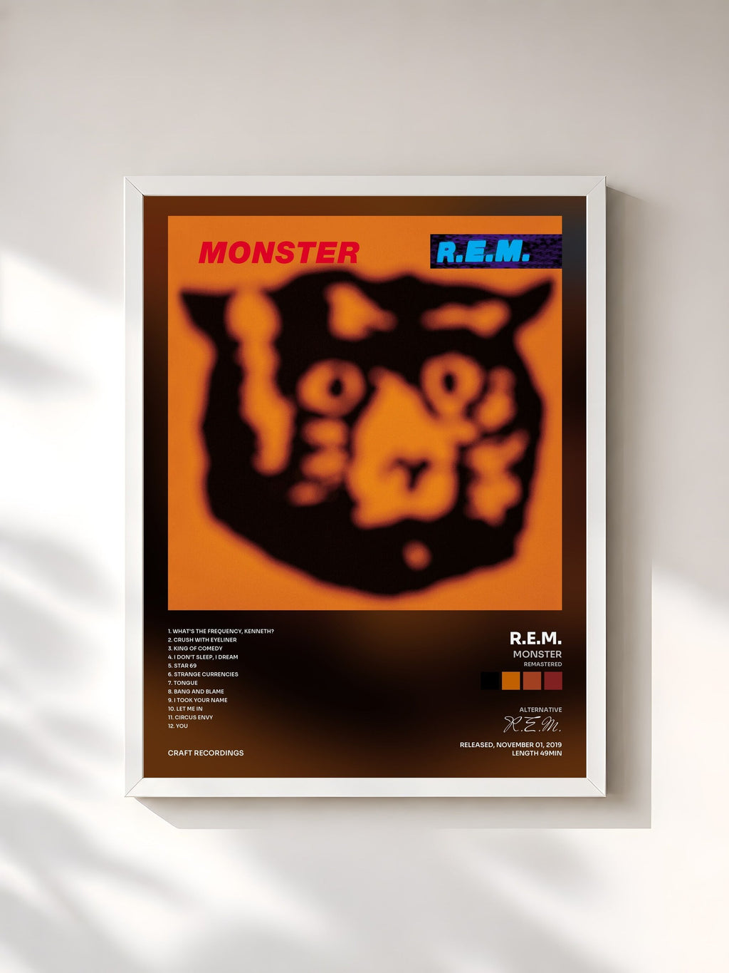 #blanc Tableau de l'album Monster (Remastered) de R.E.M., cadre blanc, imprimé et encadré en France