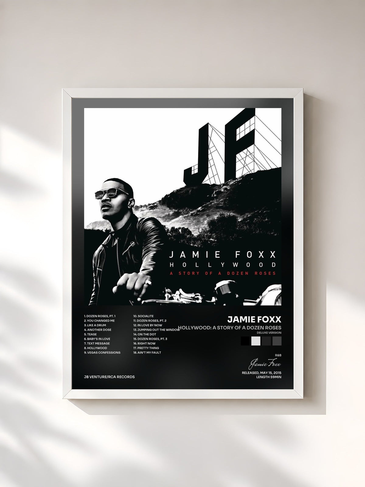 #blanc Tableau de l'album Hollywood: A Story of a Dozen Roses (Deluxe Version) de Jamie Foxx, cadre blanc, imprimé et encadré en France