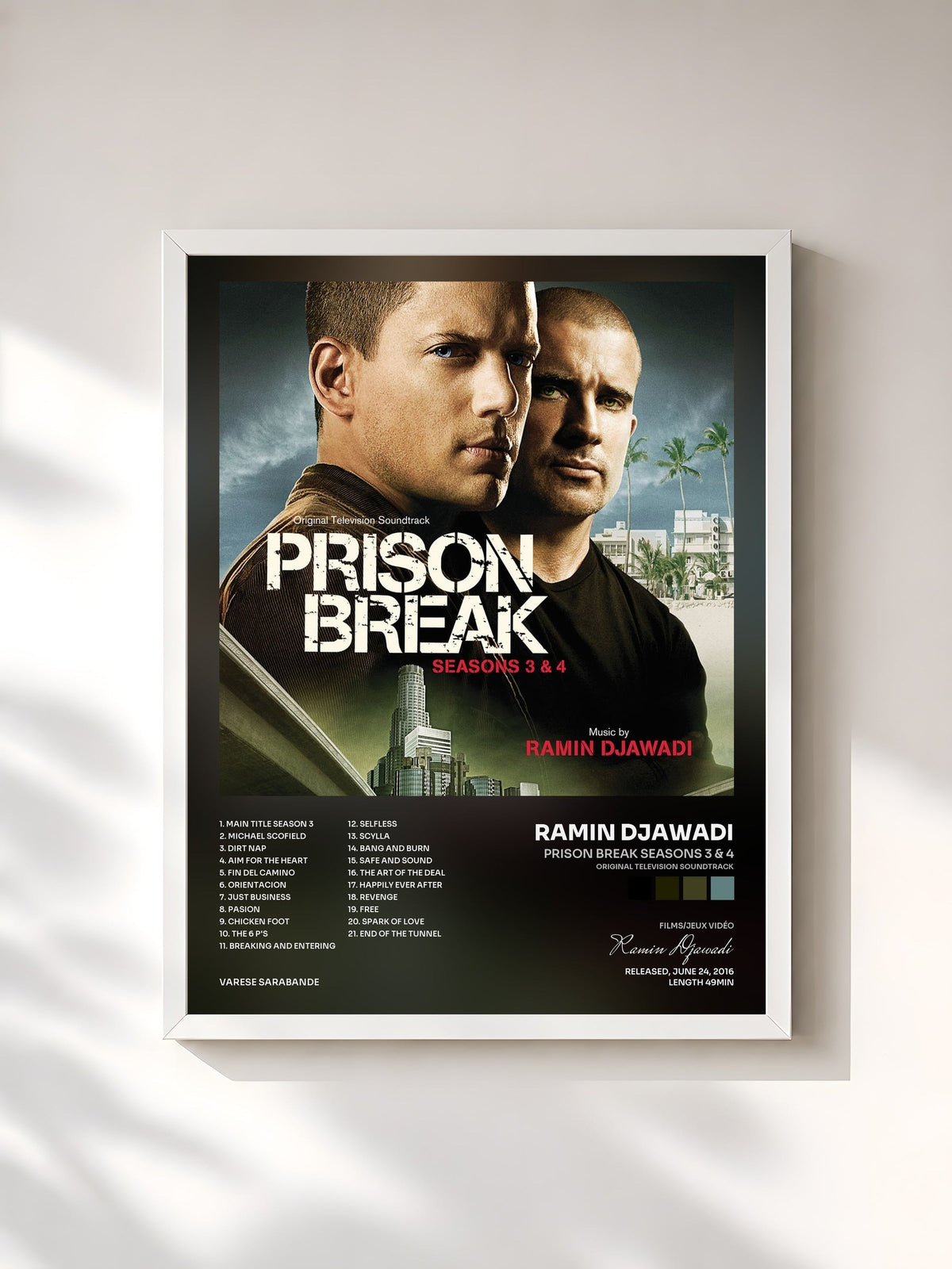 #blanc Tableau de l'album Prison Break Seasons 3 & 4 (Original Television Soundtrack) de Ramin Djawadi, cadre blanc, imprimé et encadré en France