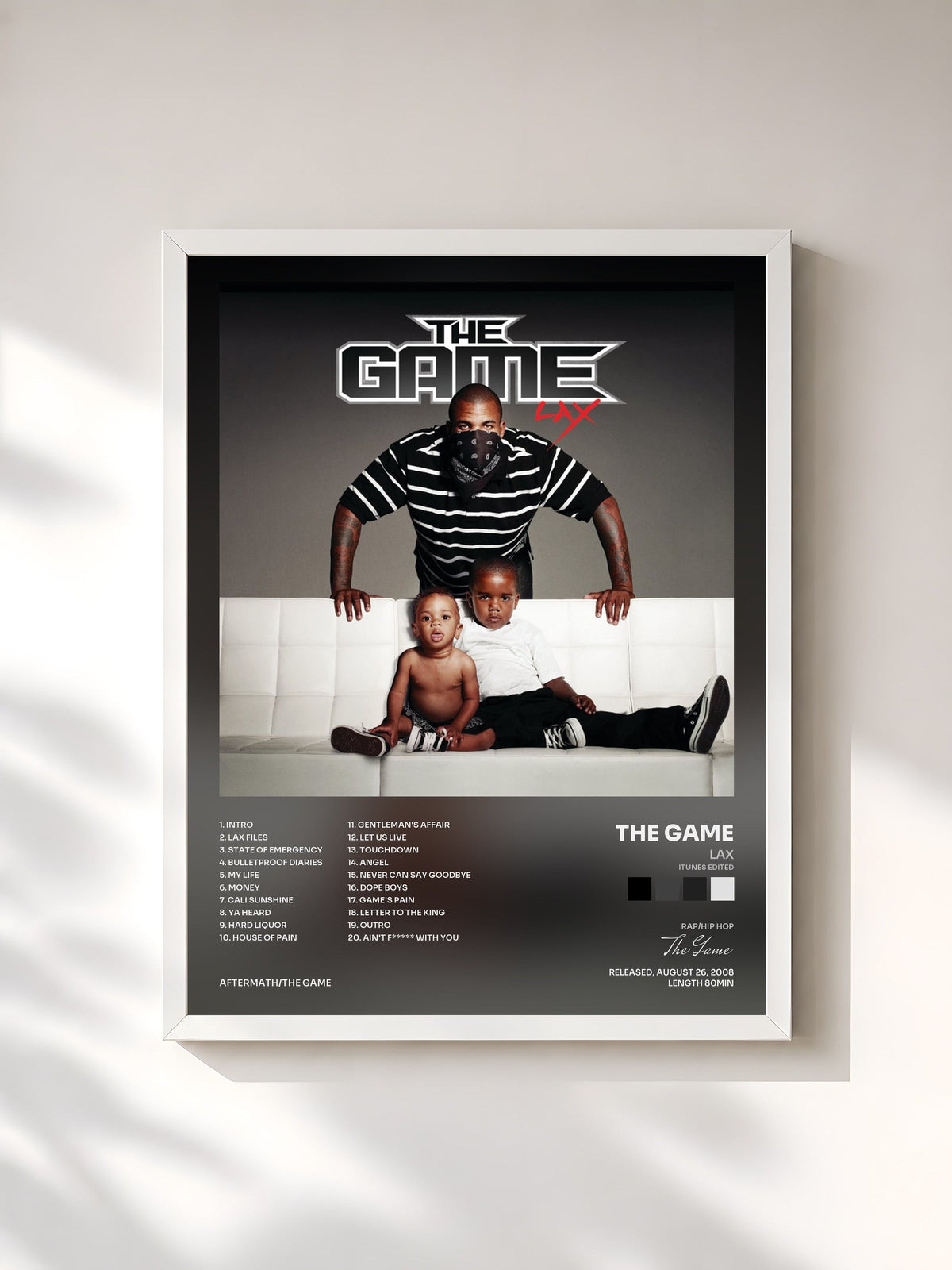 #blanc Tableau de l'album LAX (iTunes Edited) de The Game, cadre blanc, imprimé et encadré en France