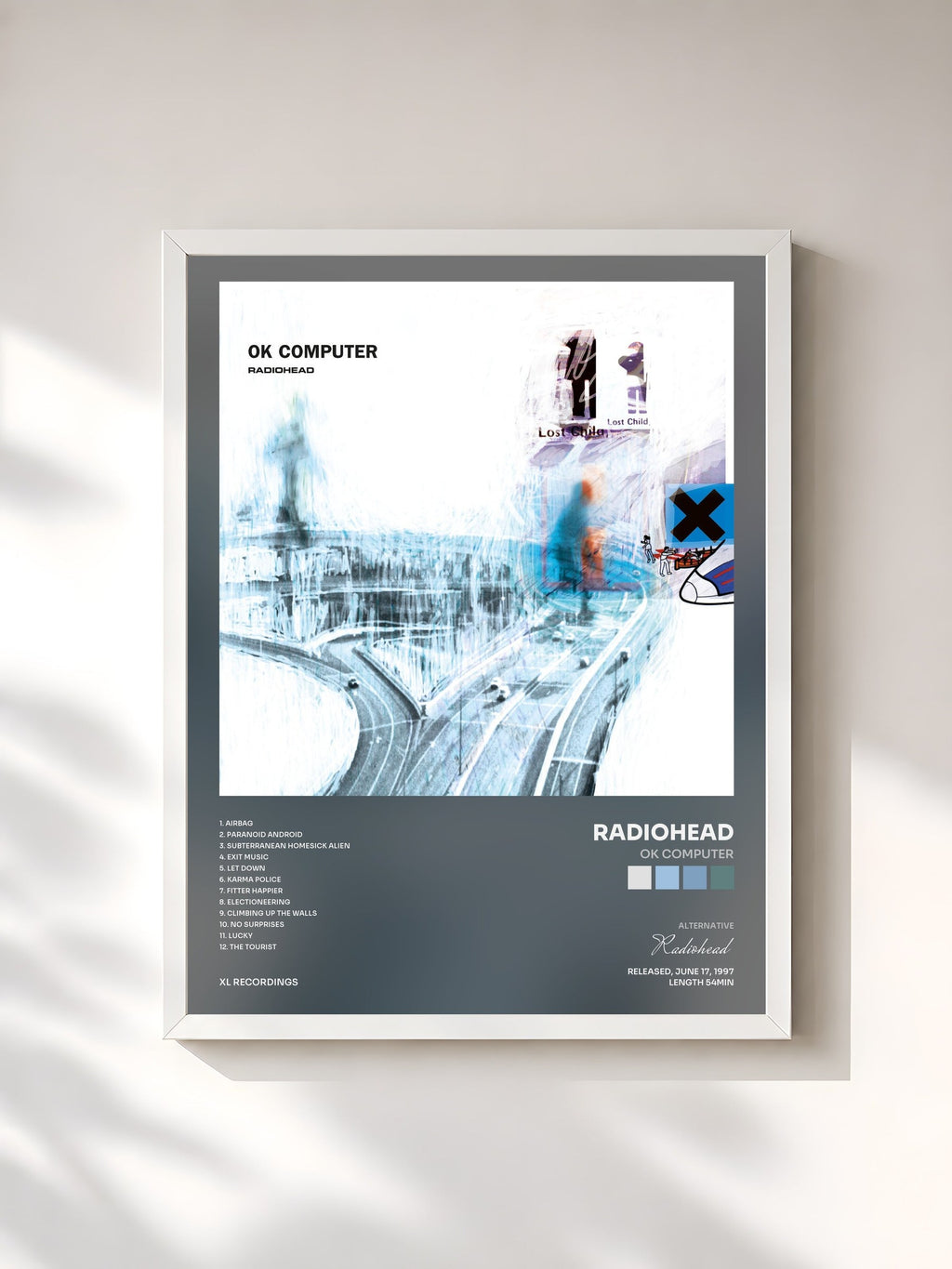 #blanc Tableau de l'album OK Computer de Radiohead, cadre blanc, imprimé et encadré en France