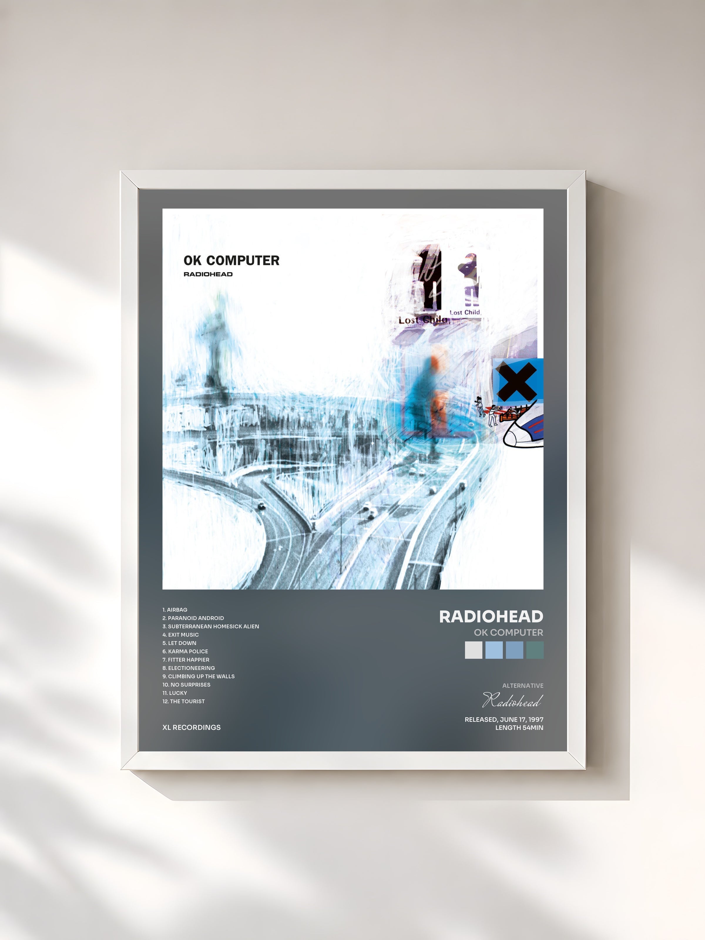 #blanc Tableau de l'album OK Computer de Radiohead, cadre blanc, imprimé et encadré en France