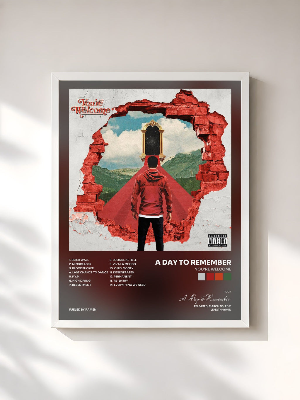 #blanc Tableau de l'album You're Welcome de A Day to Remember, cadre blanc, imprimé et encadré en France