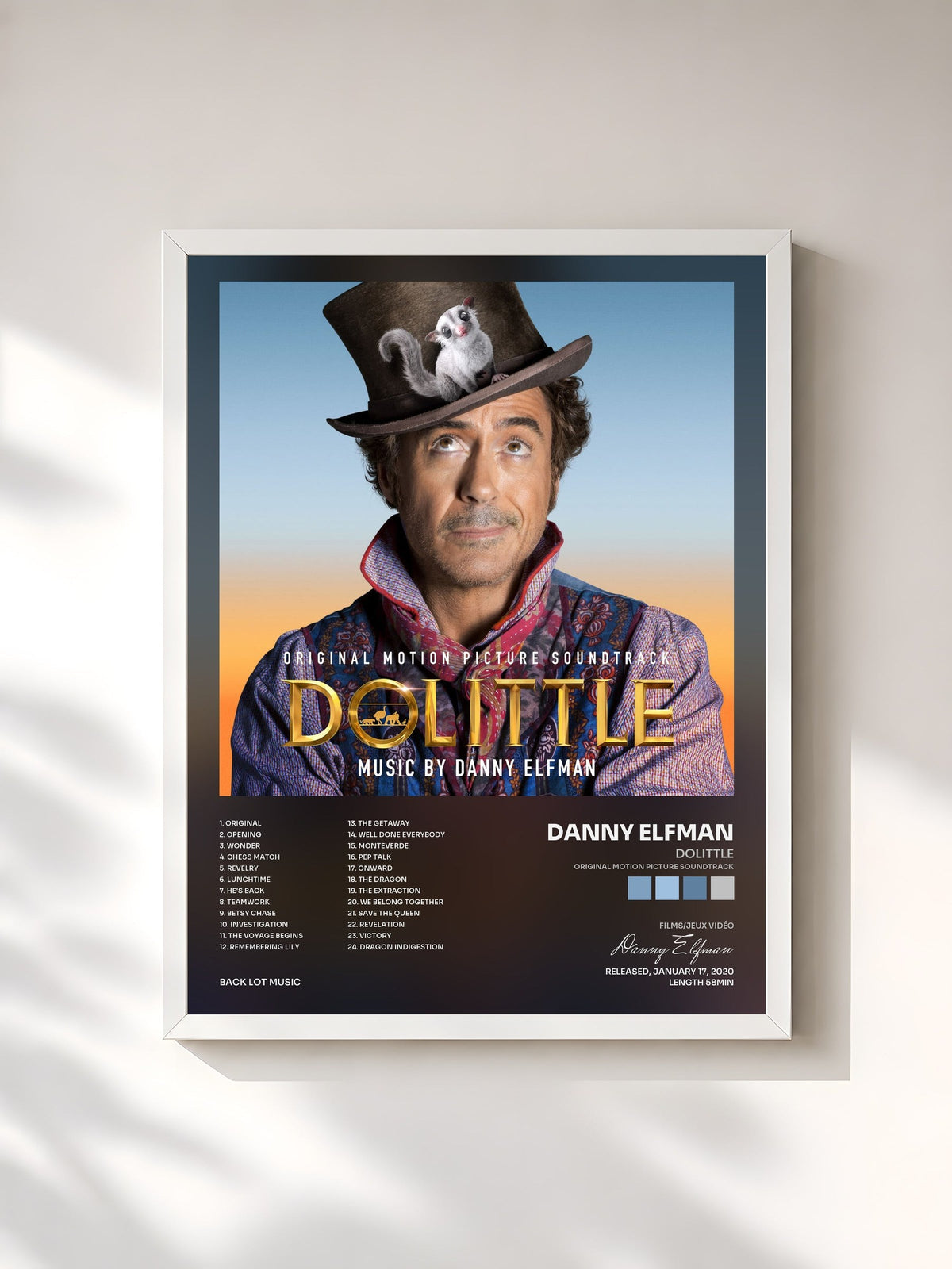 #blanc Tableau de l'album Dolittle (Original Motion Picture Soundtrack) de Danny Elfman, cadre blanc, imprimé et encadré en France