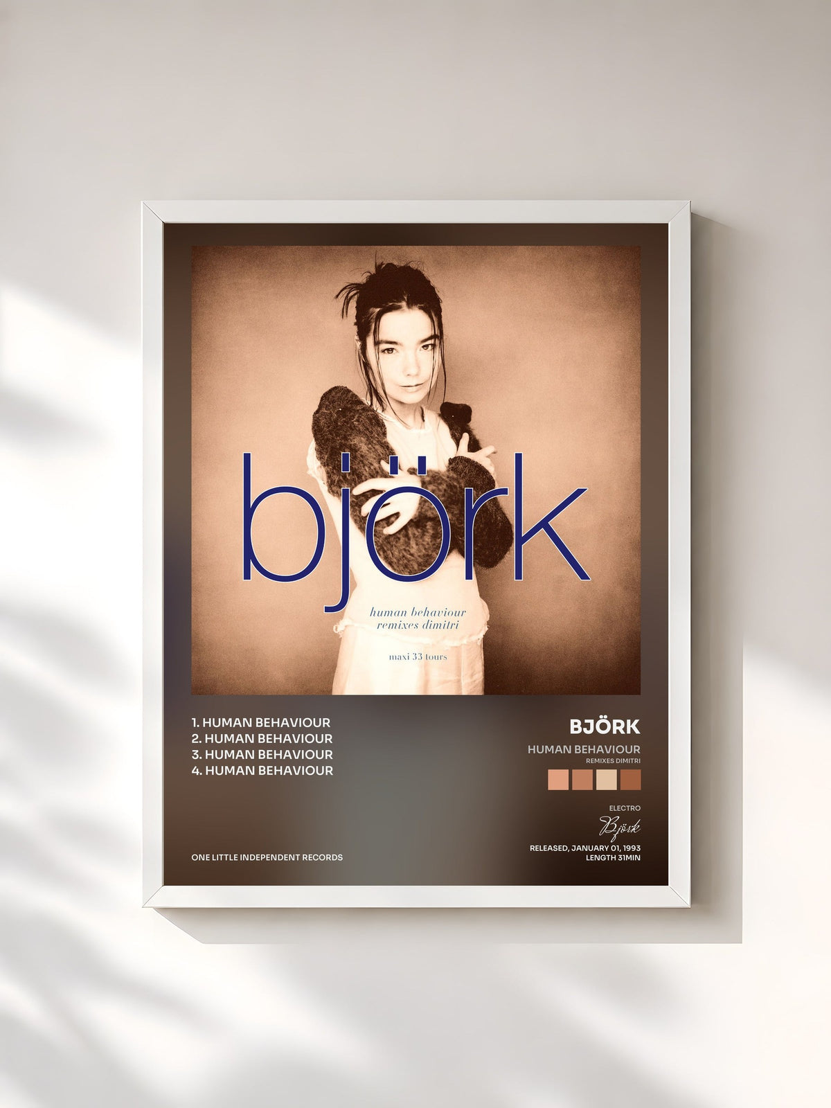 #blanc Tableau de l'album Human Behaviour (Remixes Dimitri) de Björk, cadre blanc, imprimé et encadré en France