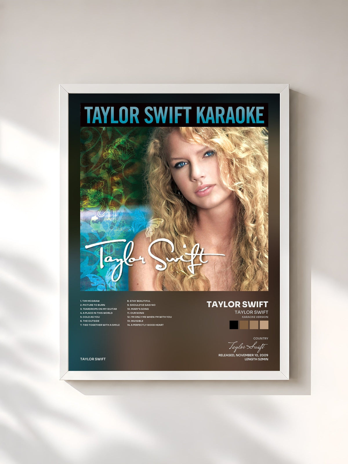 #blanc Tableau de l'album Taylor Swift (Karaoke Version) de Taylor Swift, cadre blanc, imprimé et encadré en France