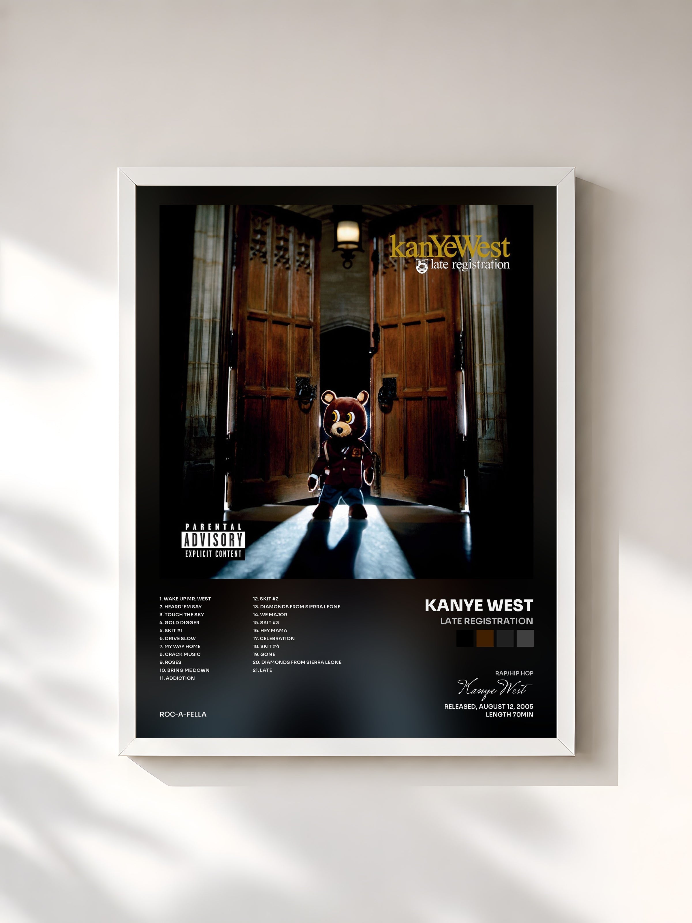 #blanc Tableau de l'album Late Registration de Kanye West, cadre blanc, imprimé et encadré en France