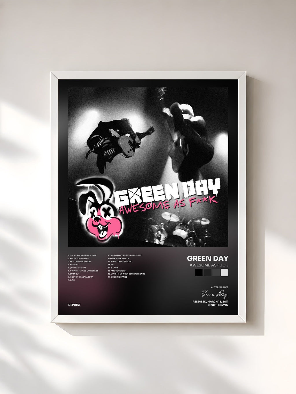#blanc Awesome as Fuck by Green Day as a framed art print, white frame, printed and framed in France