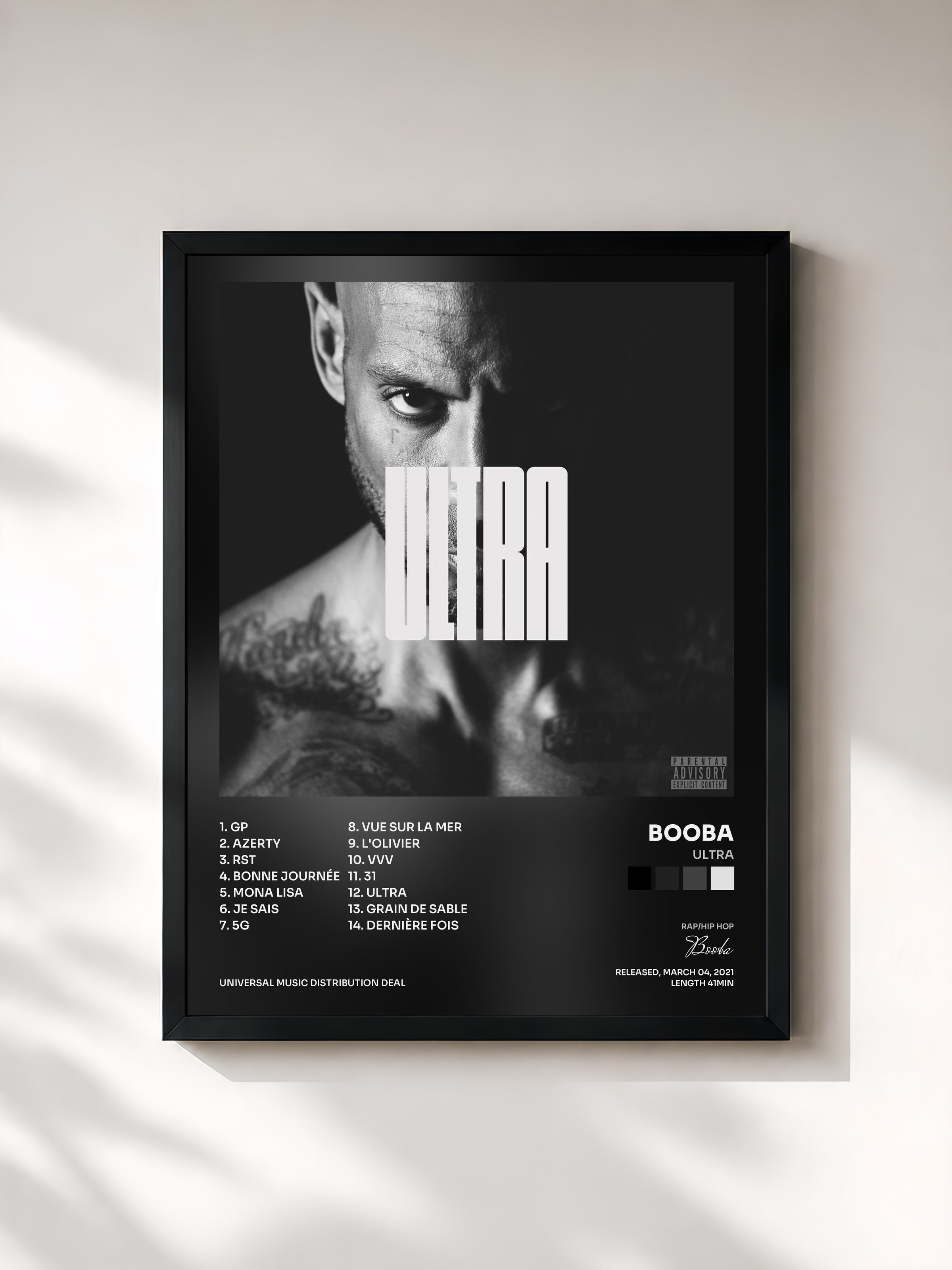 #noir Tableau de l'album ULTRA de Booba, cadre noir, imprimé et encadré en France