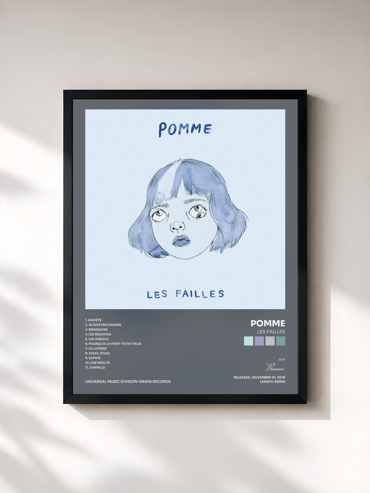 #noir Tableau de l'album les failles de Pomme, cadre noir, imprimé et encadré en France