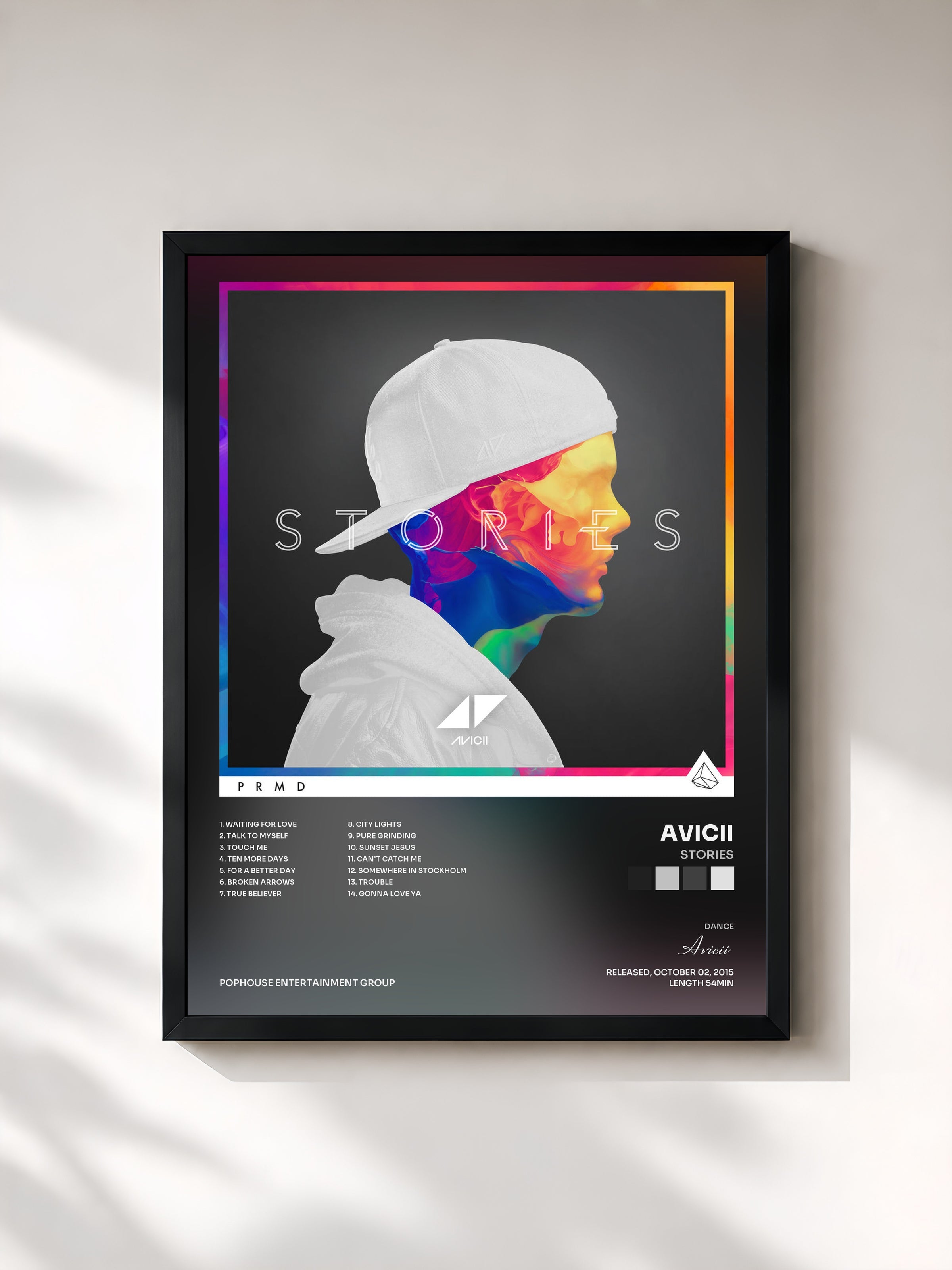 #noir Tableau de l'album Stories de Avicii, cadre noir, imprimé et encadré en France