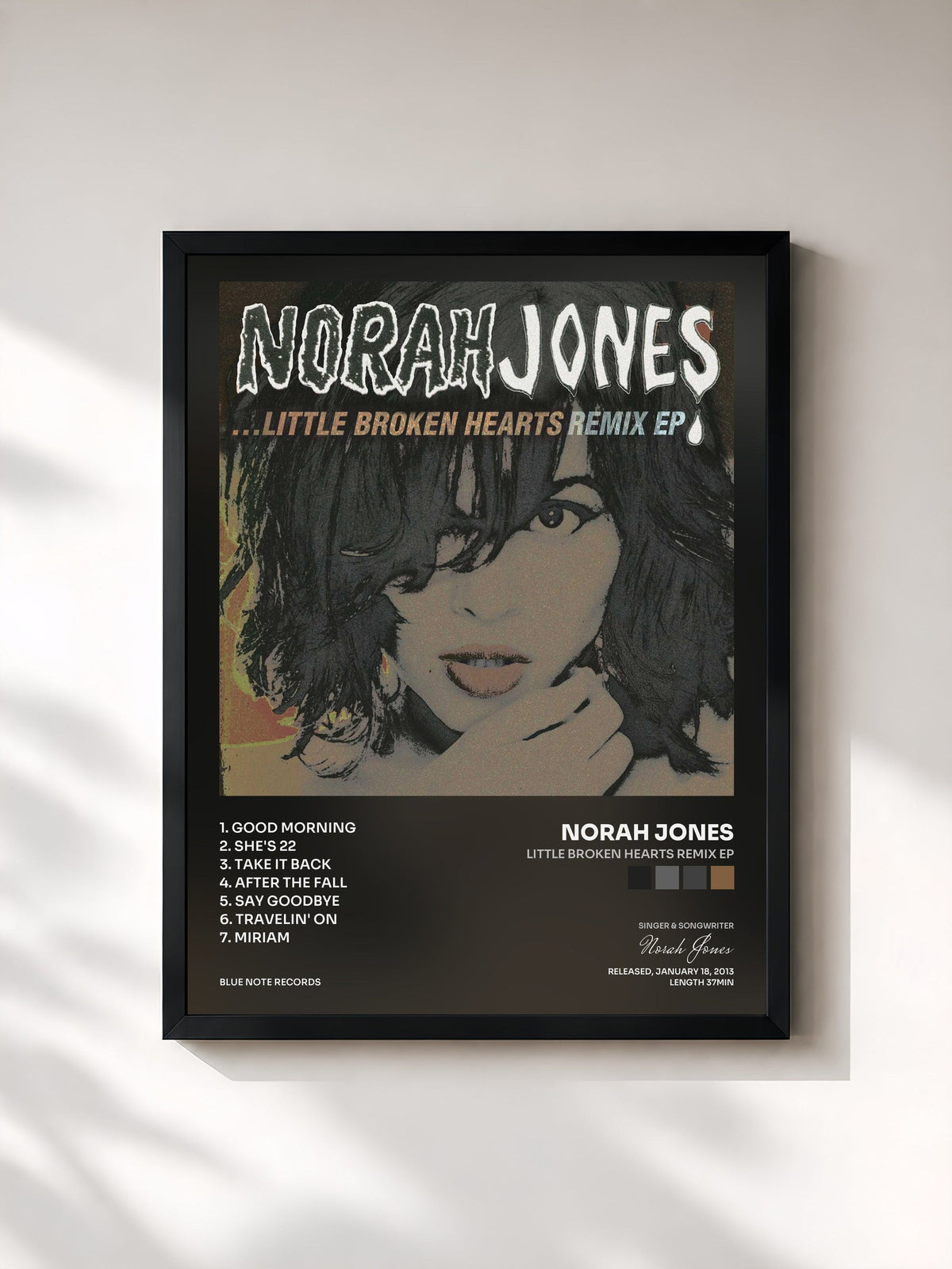 #noir Tableau de l'album Little Broken Hearts Remix EP de Norah Jones, cadre noir, imprimé et encadré en France
