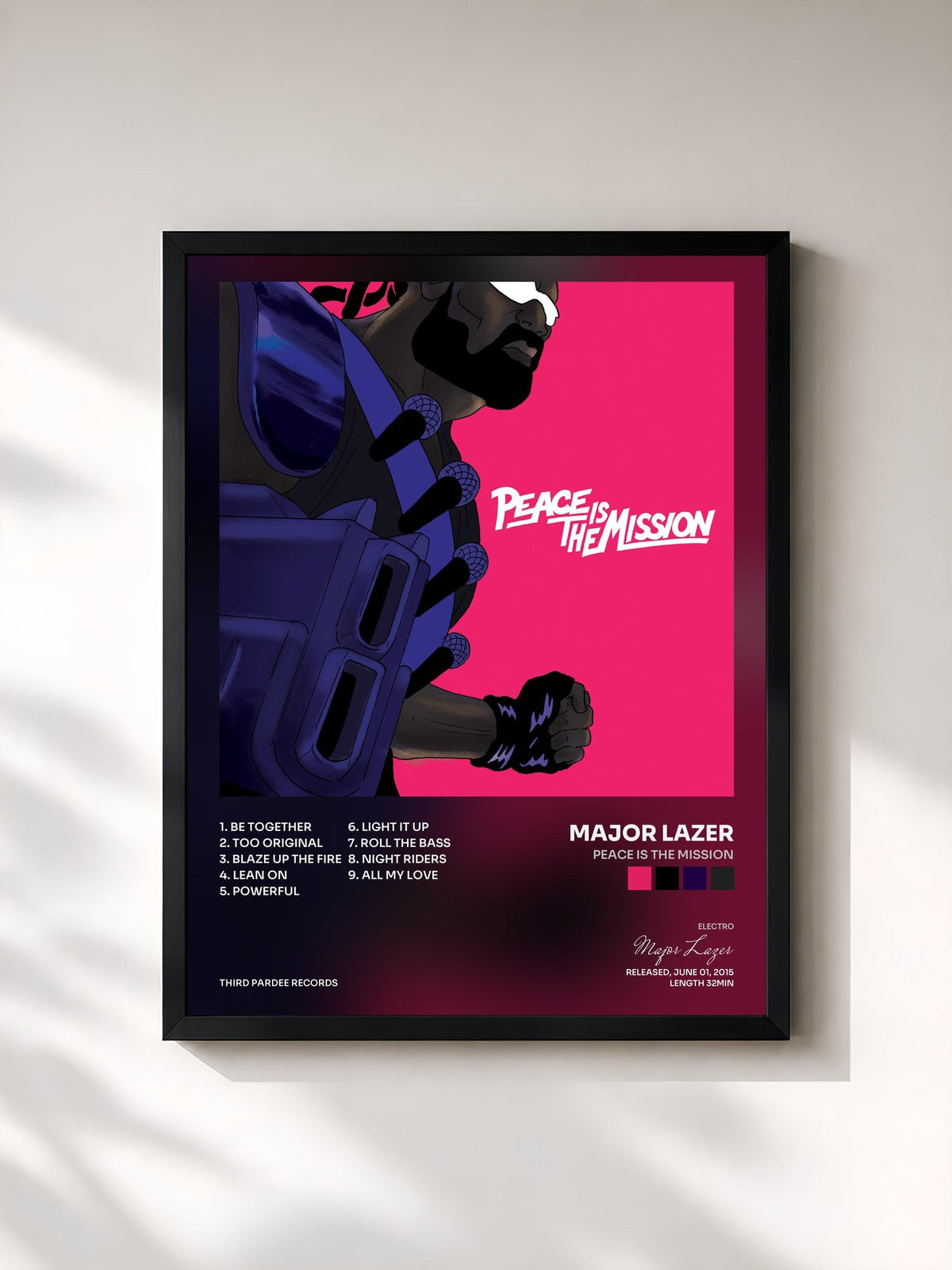 #noir Tableau de l'album Peace Is the Mission de Major Lazer, cadre noir, imprimé et encadré en France