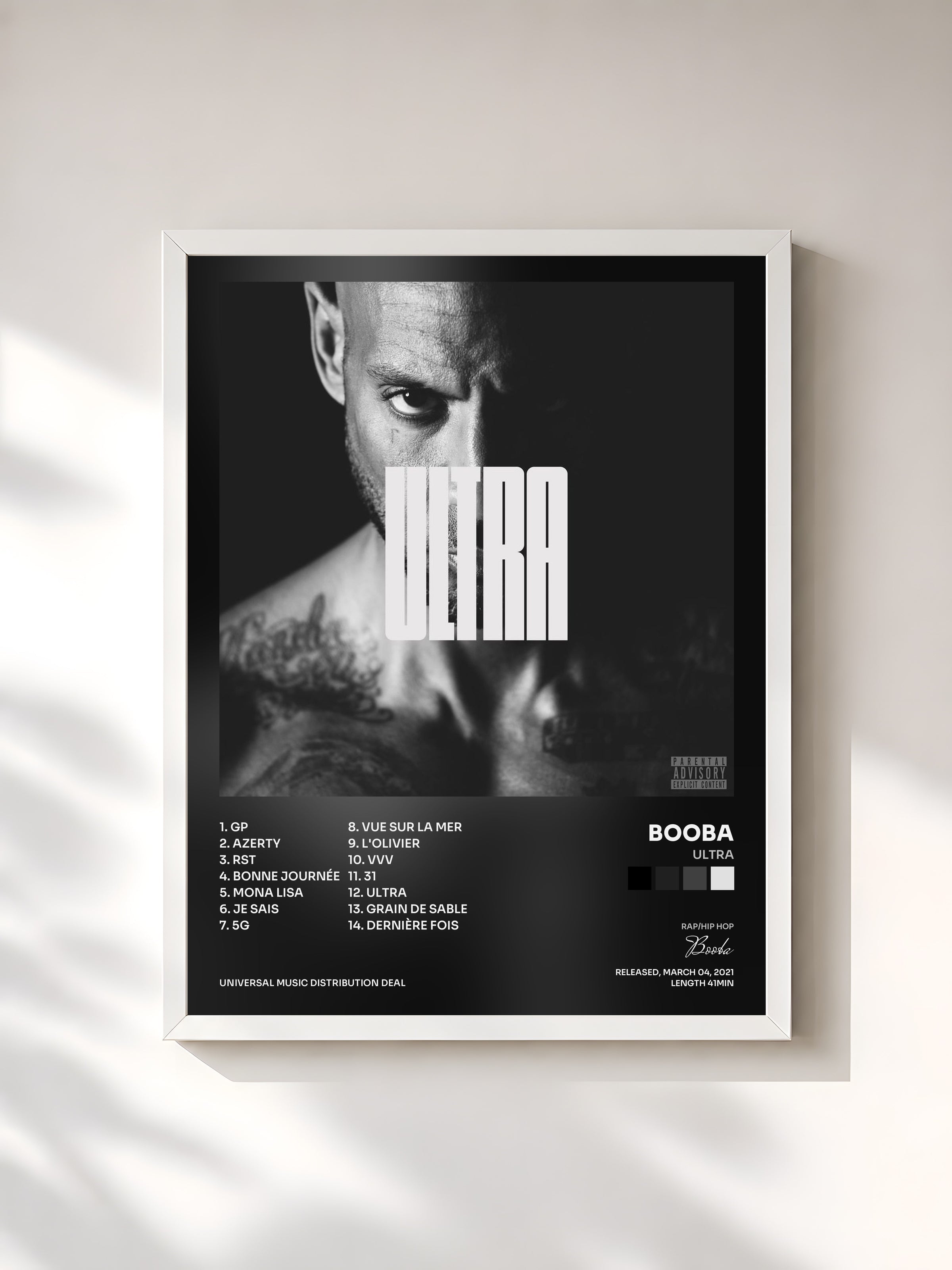 #blanc Tableau de l'album ULTRA de Booba, cadre blanc, imprimé et encadré en France