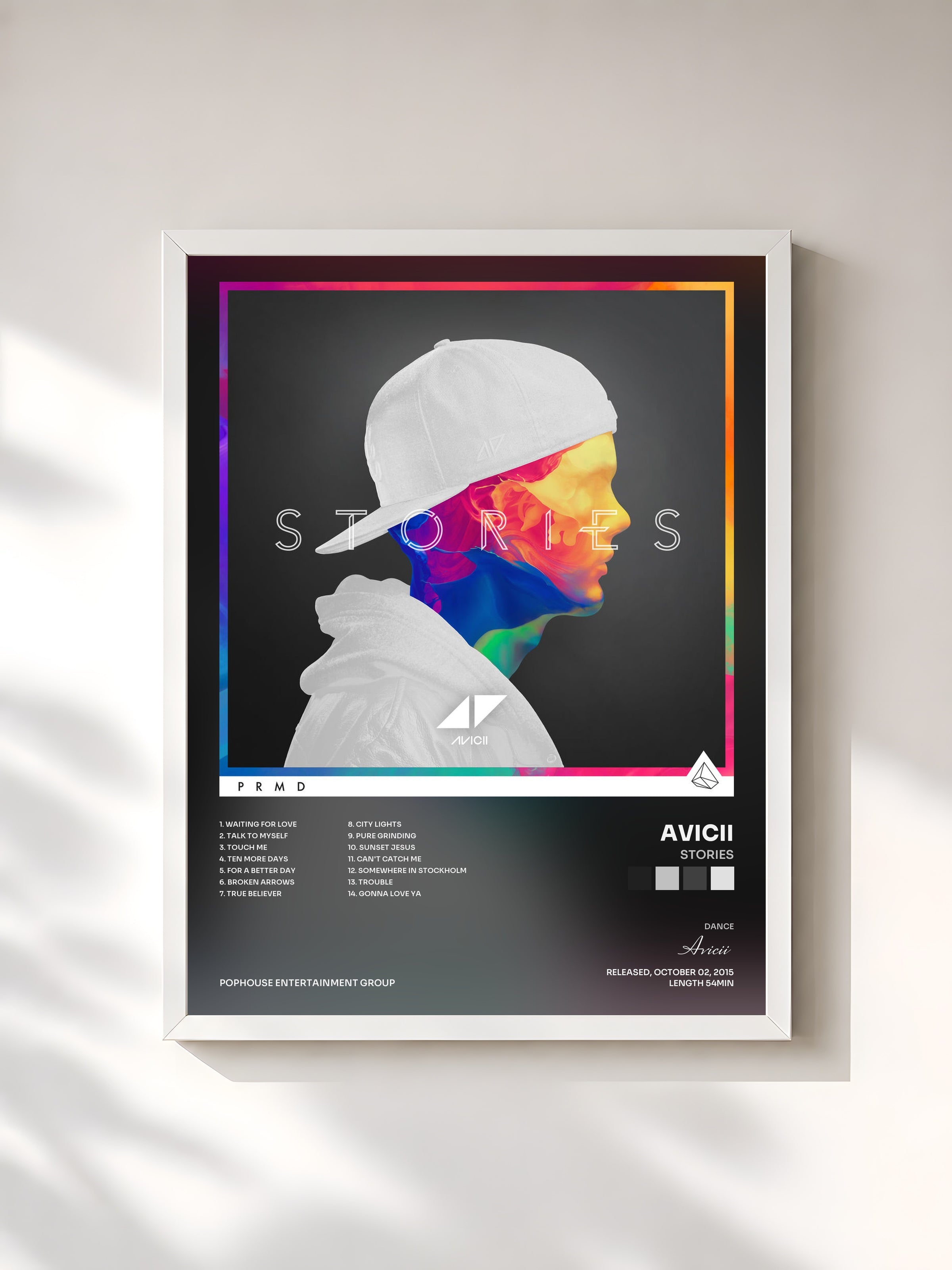 #blanc Tableau de l'album Stories de Avicii, cadre blanc, imprimé et encadré en France