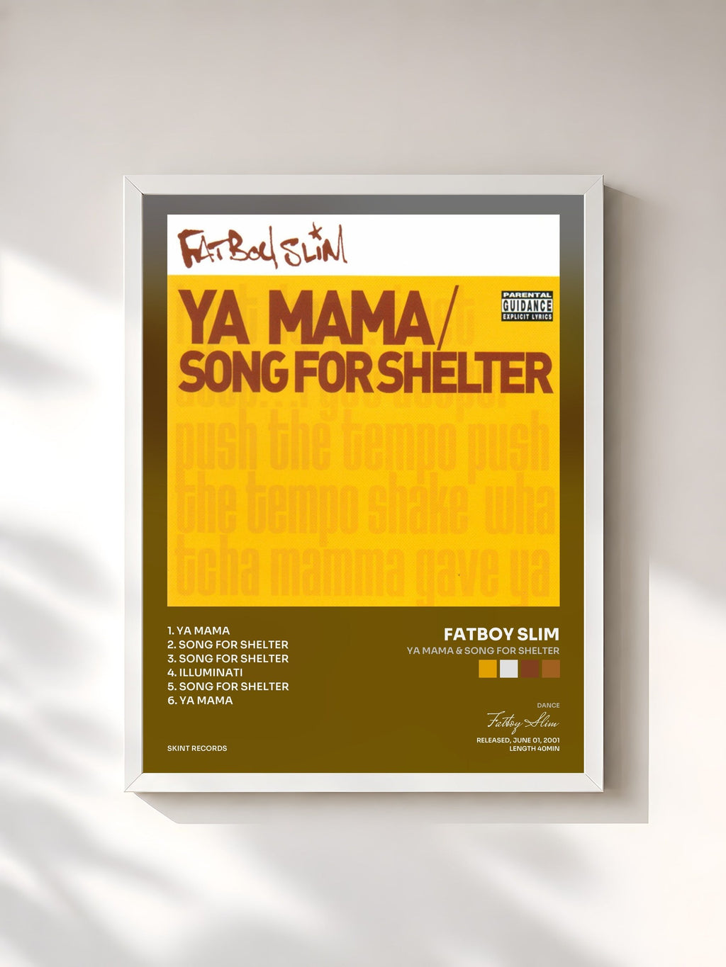 #blanc Ya Mama & Song for Shelter von Fatboy Slim als gerahmter Kunstdruck, weißer Rahmen, gedruckt und gerahmt in Frankreich