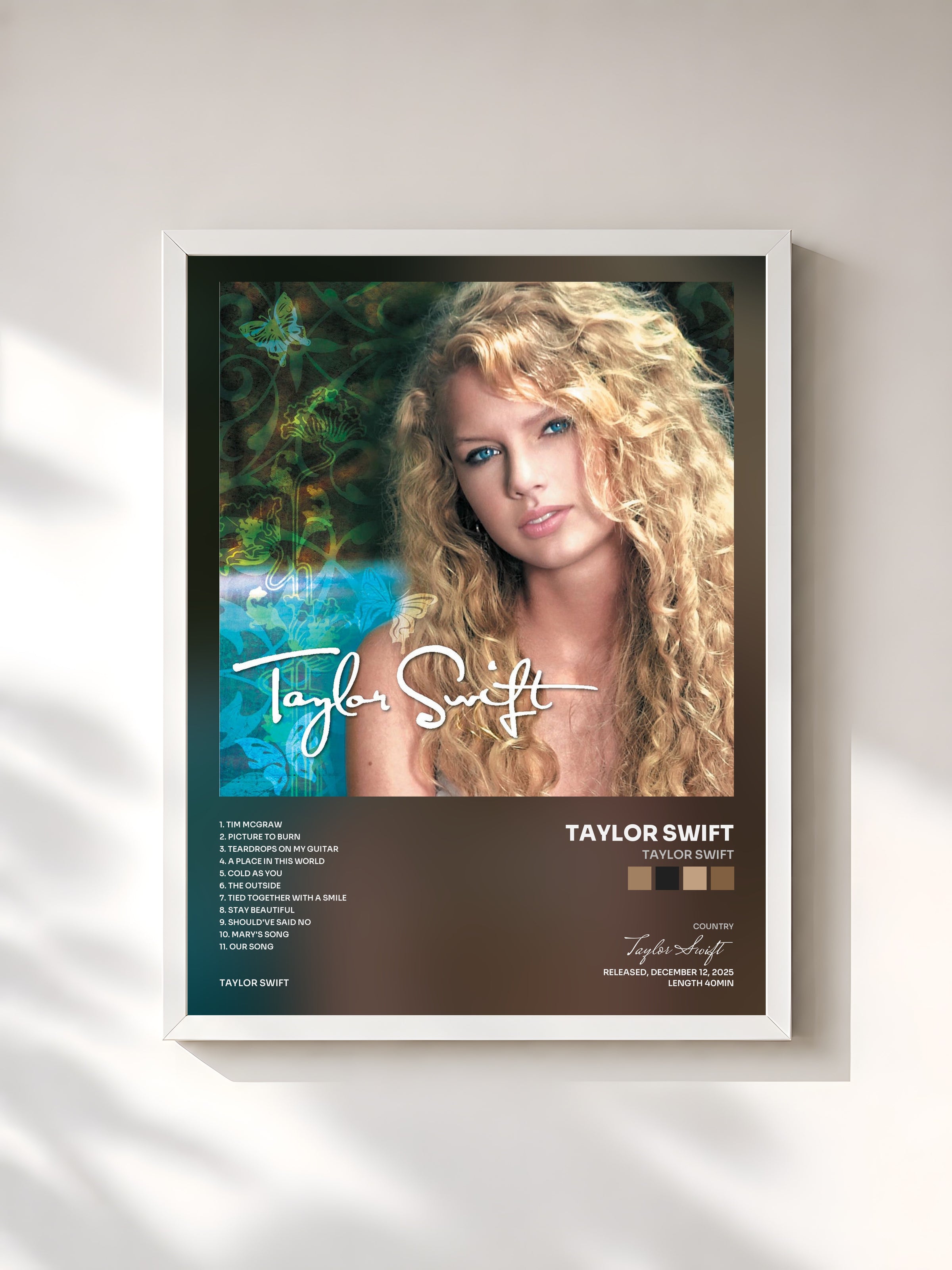 #blanc Tableau de l'album Taylor Swift de Taylor Swift, cadre blanc, imprimé et encadré en France