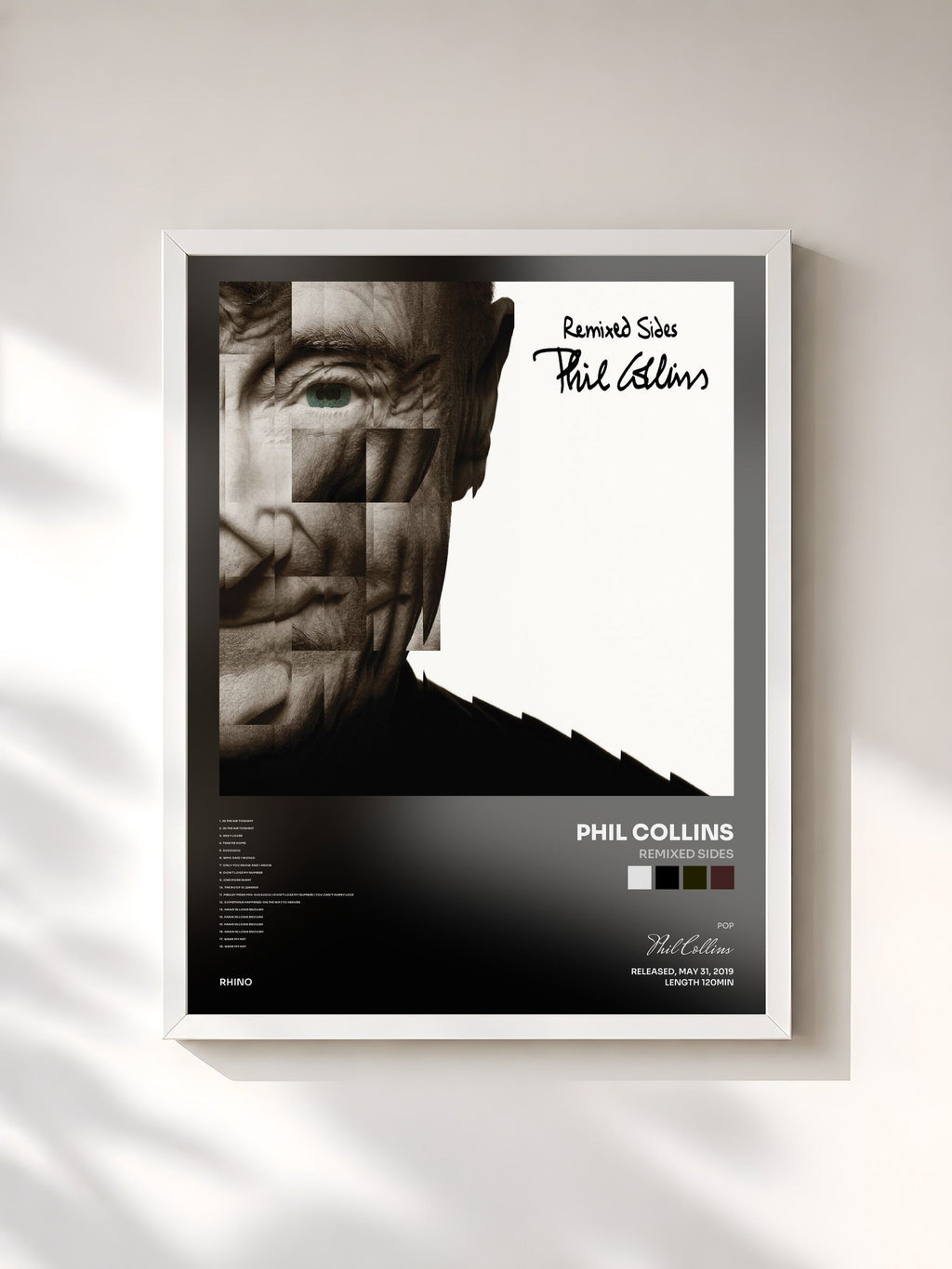 #blanc Tableau de l'album Remixed Sides de Phil Collins, cadre blanc, imprimé et encadré en France