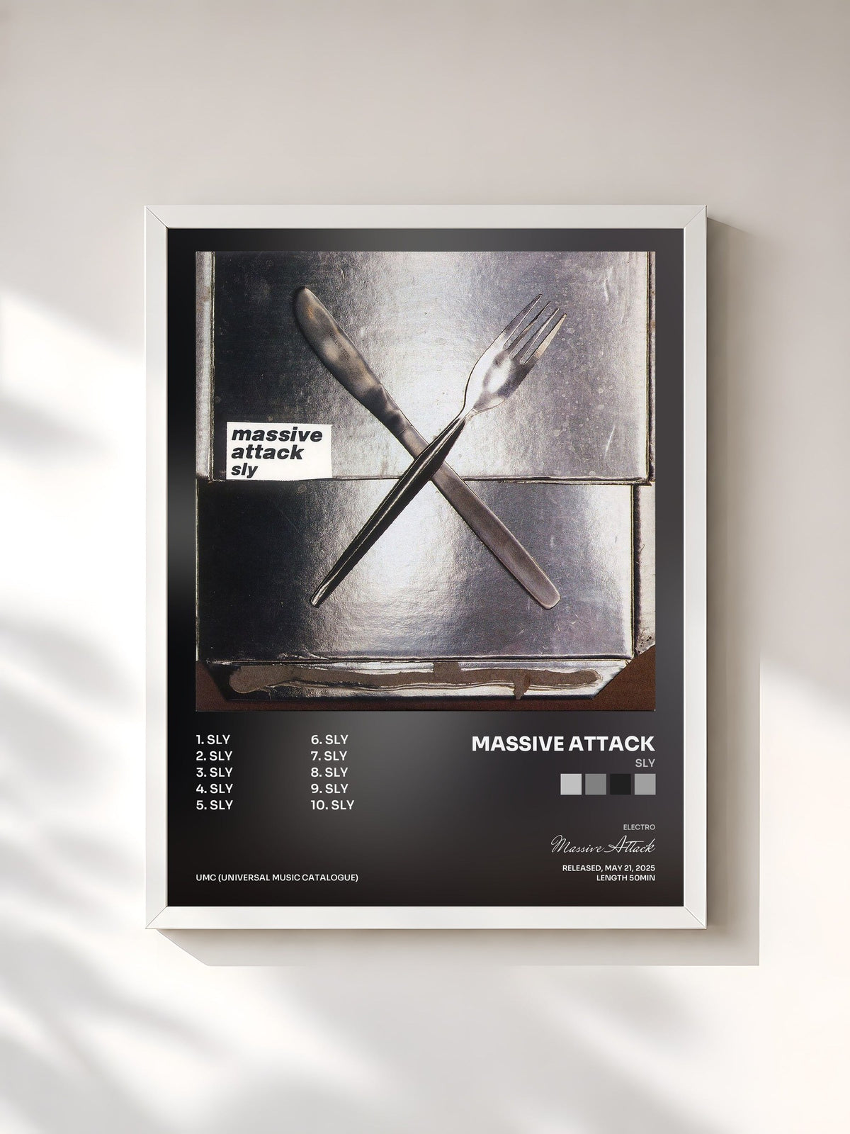 #blanc Tableau de l'album Sly de Massive Attack, cadre blanc, imprimé et encadré en France