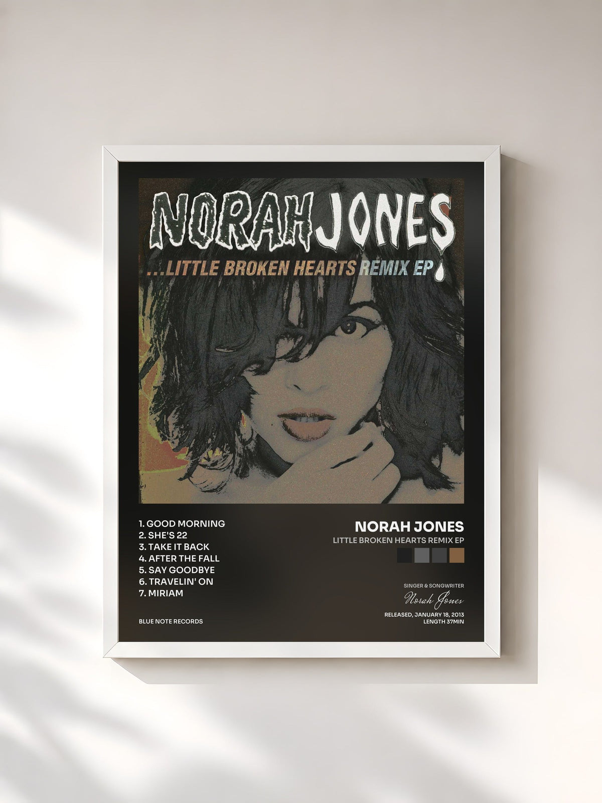 #blanc Tableau de l'album Little Broken Hearts Remix EP de Norah Jones, cadre blanc, imprimé et encadré en France