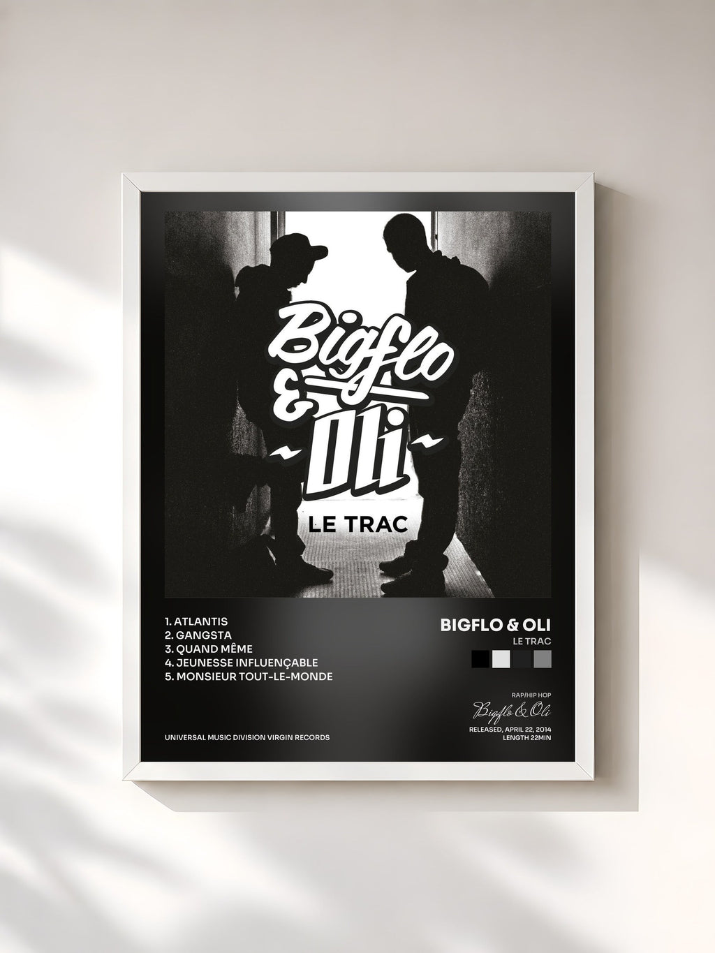 #blanc Le Trac de Bigflo & Oli en lámina enmarcada, marco blanco, impresa y enmarcada en Francia
