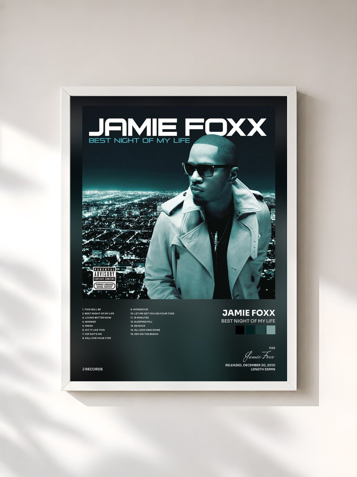 #blanc Tableau de l'album Best Night Of My Life de Jamie Foxx, cadre blanc, imprimé et encadré en France