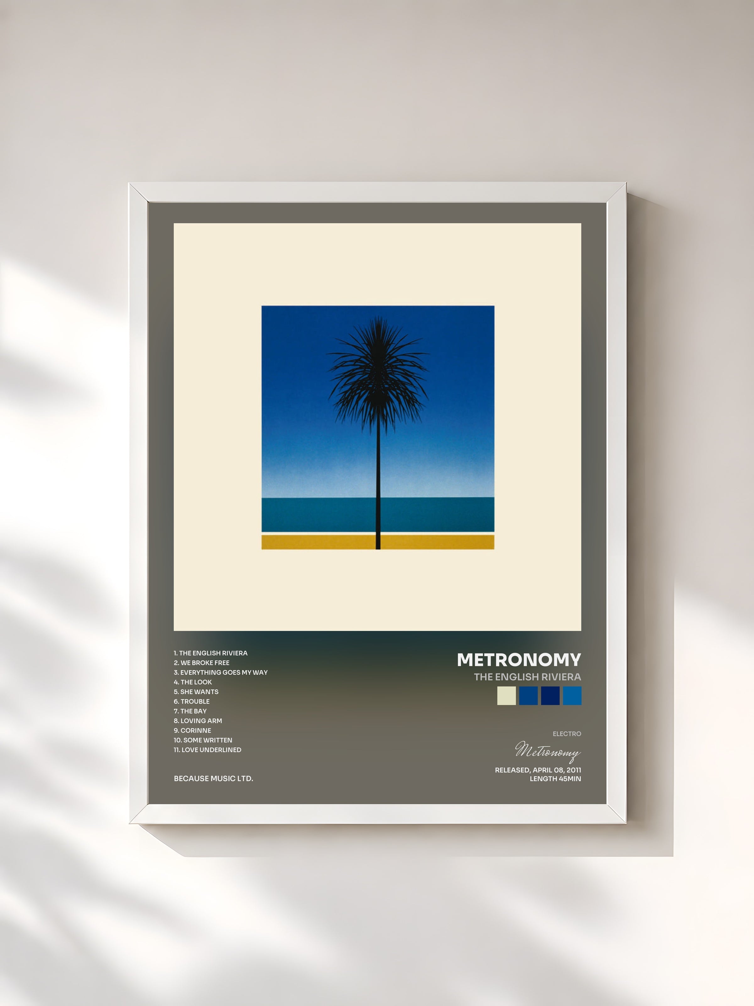 #blanc Tableau de l'album The English Riviera de Metronomy, cadre blanc, imprimé et encadré en France
